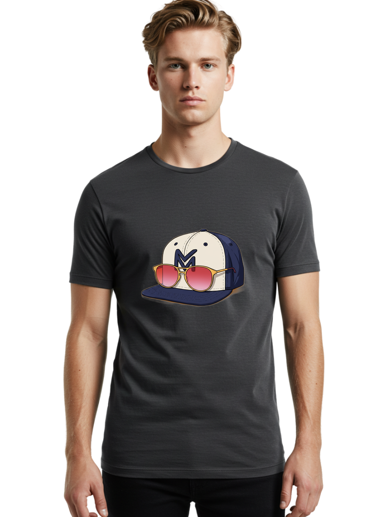 Baseball-Cap-With-Sunglasses Men'S Graphic Tee, 100% Cotton, Comfortable Casual Summer Wear, Machine Washable, Baseball Cap With Sunglasses, Cool Accessories, Stylish Hat, Trendy Eyewear, Gold Frames, Red Lenses, Navy Blue And White Colors, Bac617
