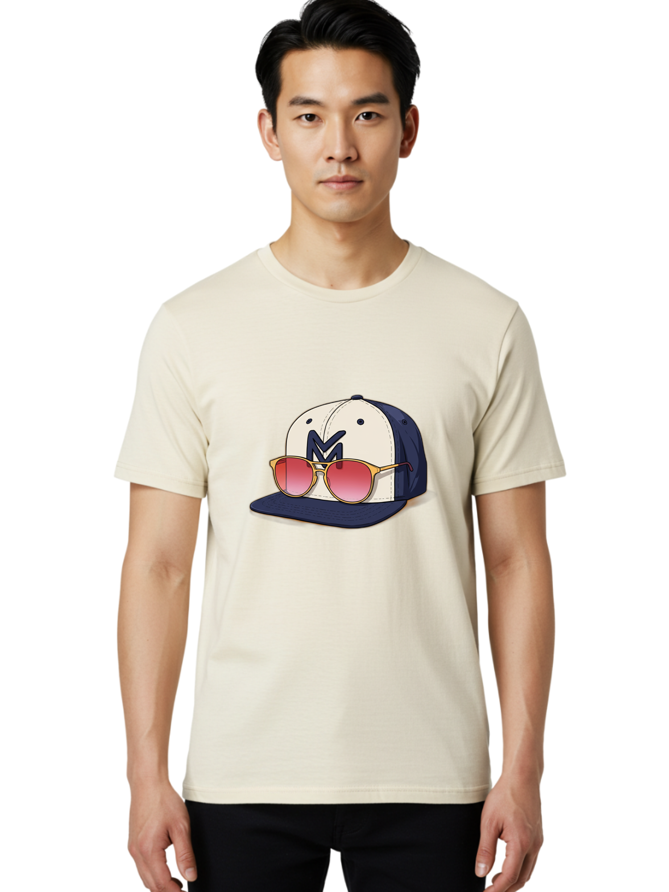 Baseball-Cap-With-Sunglasses Men'S Graphic Tee, 100% Cotton, Comfortable Casual Summer Wear, Machine Washable, Baseball Cap With Sunglasses, Cool Accessories, Stylish Hat, Trendy Eyewear, Gold Frames, Red Lenses, Navy Blue And White Colors, Bac617