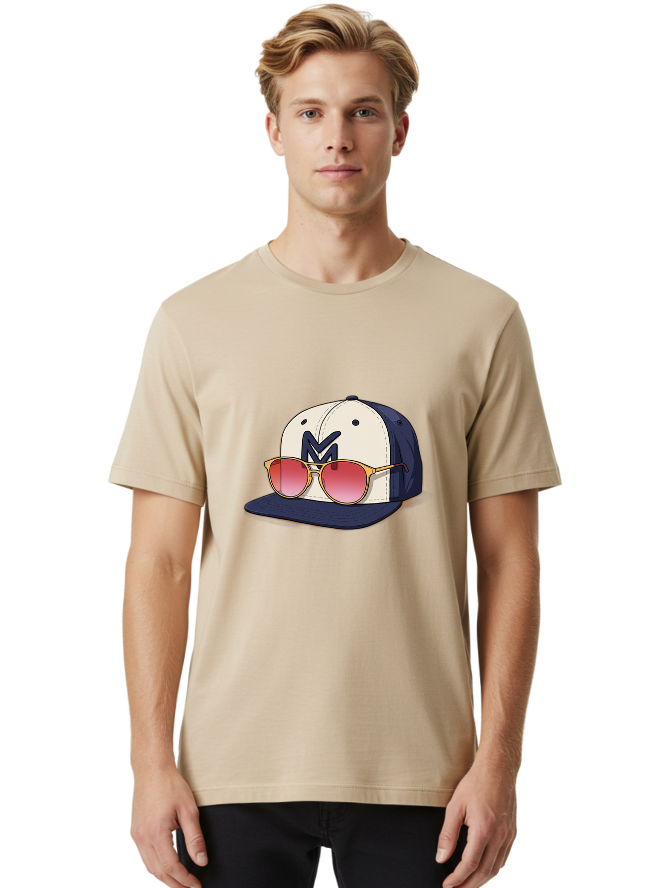 Baseball-Cap-With-Sunglasses Men'S Graphic Tee, 100% Cotton, Comfortable Casual Summer Wear, Machine Washable, Baseball Cap With Sunglasses, Cool Accessories, Stylish Hat, Trendy Eyewear, Gold Frames, Red Lenses, Navy Blue And White Colors, Bac617