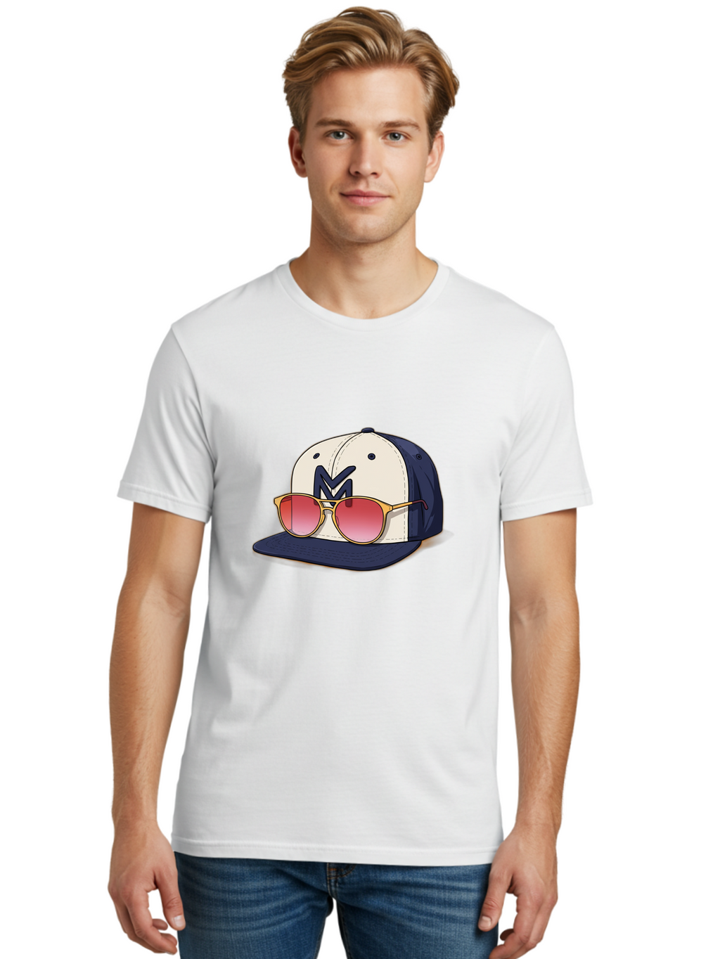 Baseball-Cap-With-Sunglasses Men'S Graphic Tee, 100% Cotton, Comfortable Casual Summer Wear, Machine Washable, Baseball Cap With Sunglasses, Cool Accessories, Stylish Hat, Trendy Eyewear, Gold Frames, Red Lenses, Navy Blue And White Colors, Bac617