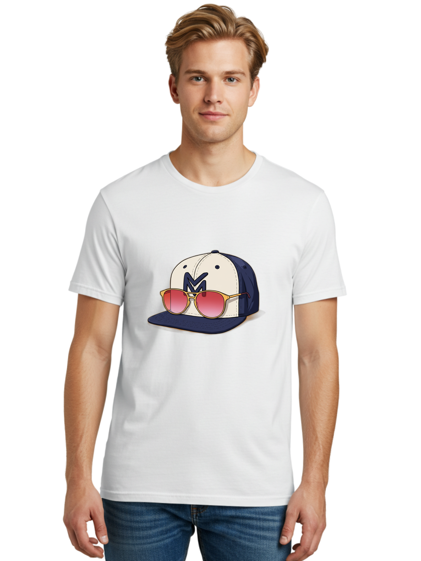 Baseball-Cap-With-Sunglasses Men'S Graphic Tee, 100% Cotton, Comfortable Casual Summer Wear, Machine Washable, Baseball Cap With Sunglasses, Cool Accessories, Stylish Hat, Trendy Eyewear, Gold Frames, Red Lenses, Navy Blue And White Colors, Bac617