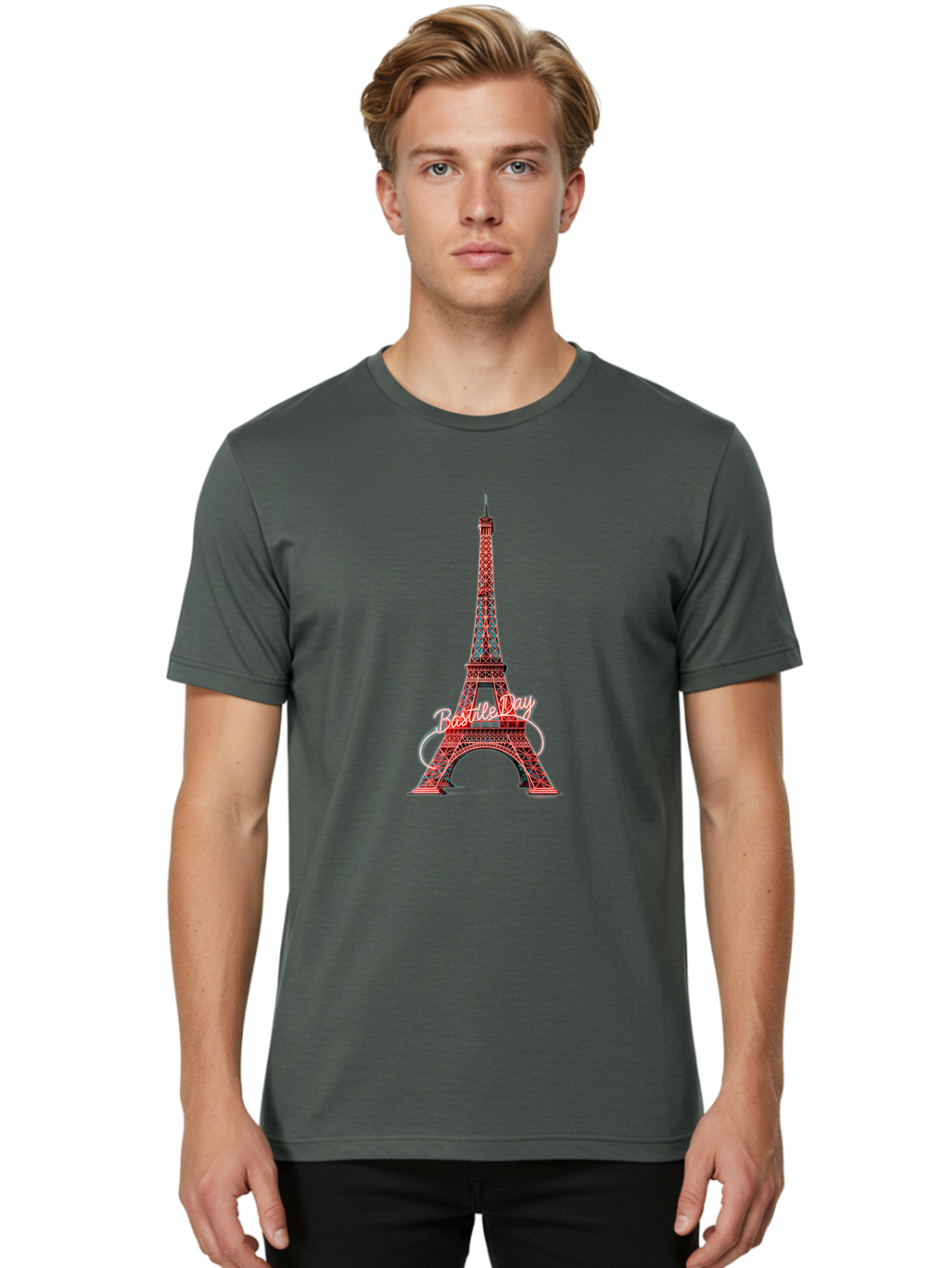 Bastille-Day-Eiffel-Tower Men'S Graphic Tee, 100% Cotton, Comfortable Casual Summer Wear, Machine Washable, Eiffel Tower, Red And Blue Lattice Design, Bastille Day, French Culture, Pink Cursive Text, White Swirls, Vibrant Colors, Bac619