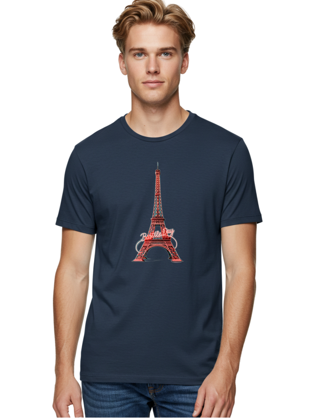 Bastille-Day-Eiffel-Tower Men'S Graphic Tee, 100% Cotton, Comfortable Casual Summer Wear, Machine Washable, Eiffel Tower, Red And Blue Lattice Design, Bastille Day, French Culture, Pink Cursive Text, White Swirls, Vibrant Colors, Bac619