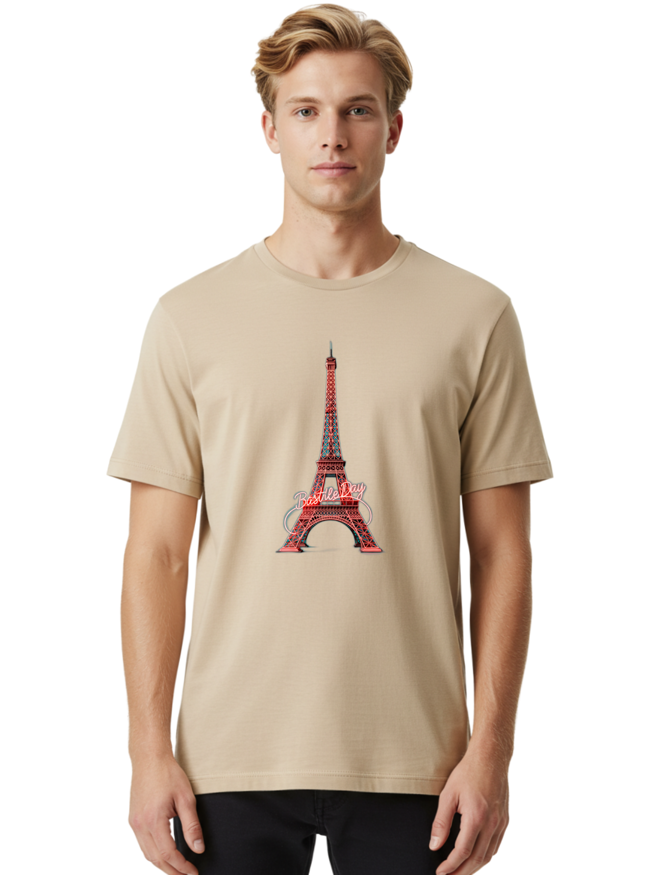 Bastille-Day-Eiffel-Tower Men'S Graphic Tee, 100% Cotton, Comfortable Casual Summer Wear, Machine Washable, Eiffel Tower, Red And Blue Lattice Design, Bastille Day, French Culture, Pink Cursive Text, White Swirls, Vibrant Colors, Bac619