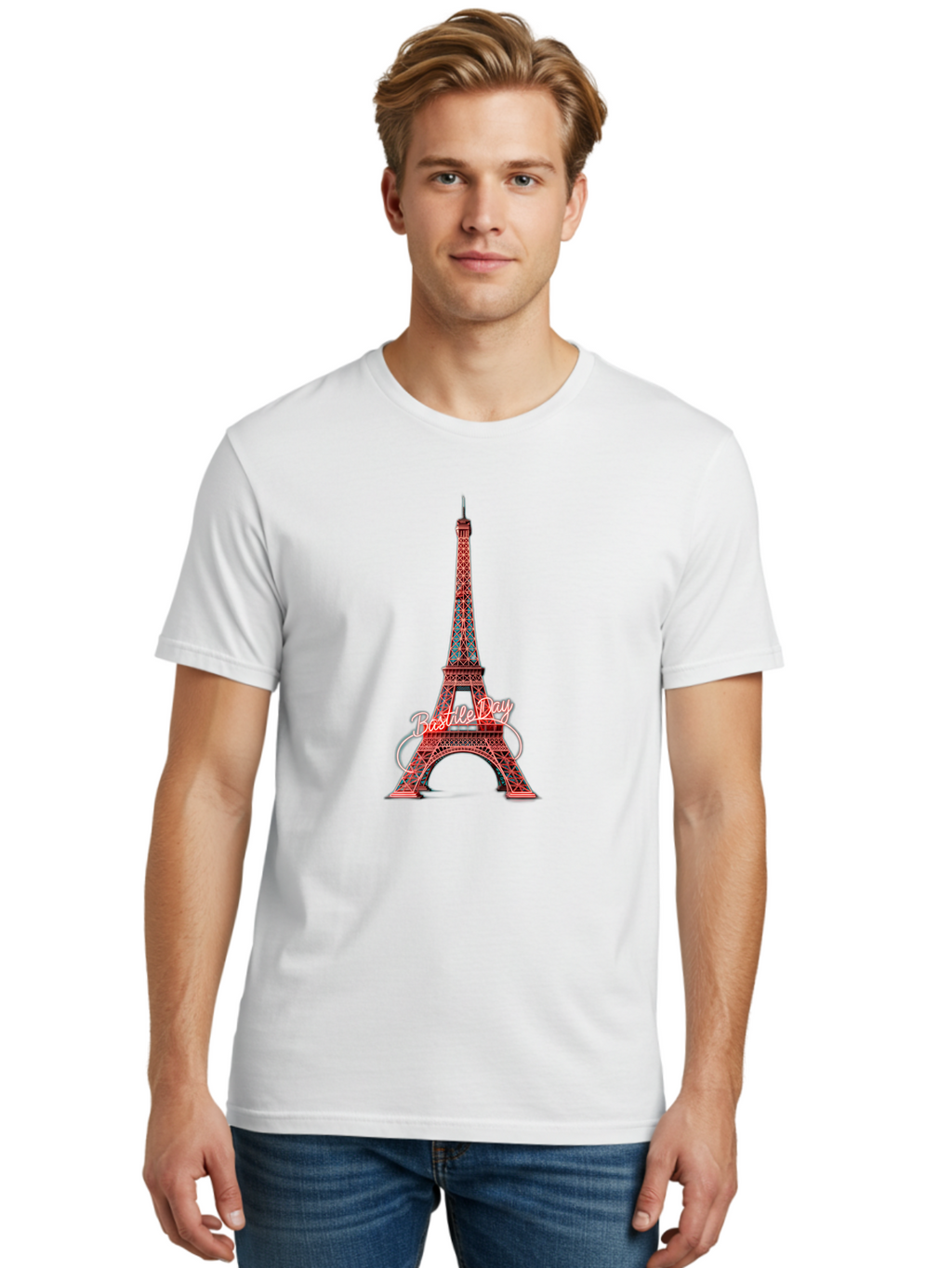 Bastille-Day-Eiffel-Tower Men'S Graphic Tee, 100% Cotton, Comfortable Casual Summer Wear, Machine Washable, Eiffel Tower, Red And Blue Lattice Design, Bastille Day, French Culture, Pink Cursive Text, White Swirls, Vibrant Colors, Bac619