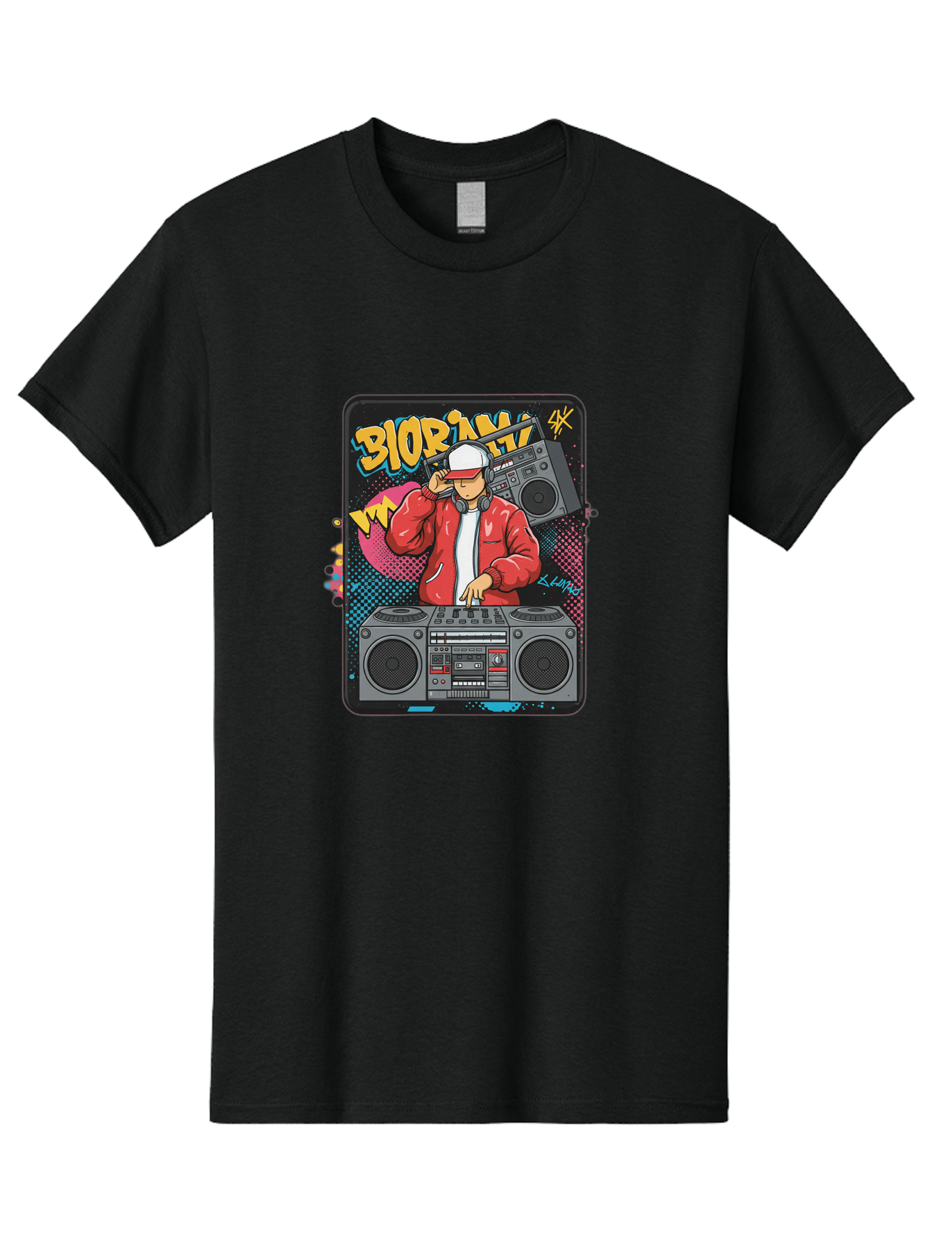 Biorpm Men'S Graphic Tee, 100% Cotton, Comfortable Casual Summer Wear, Machine Washable, Dj Mixing Music, Boombox, Red Jacket, White Hat, Hip Hop Style, Graffiti Art, Urban Culture, Streetwear Fashion, Music Producer, Electronic Dance Music Bac621