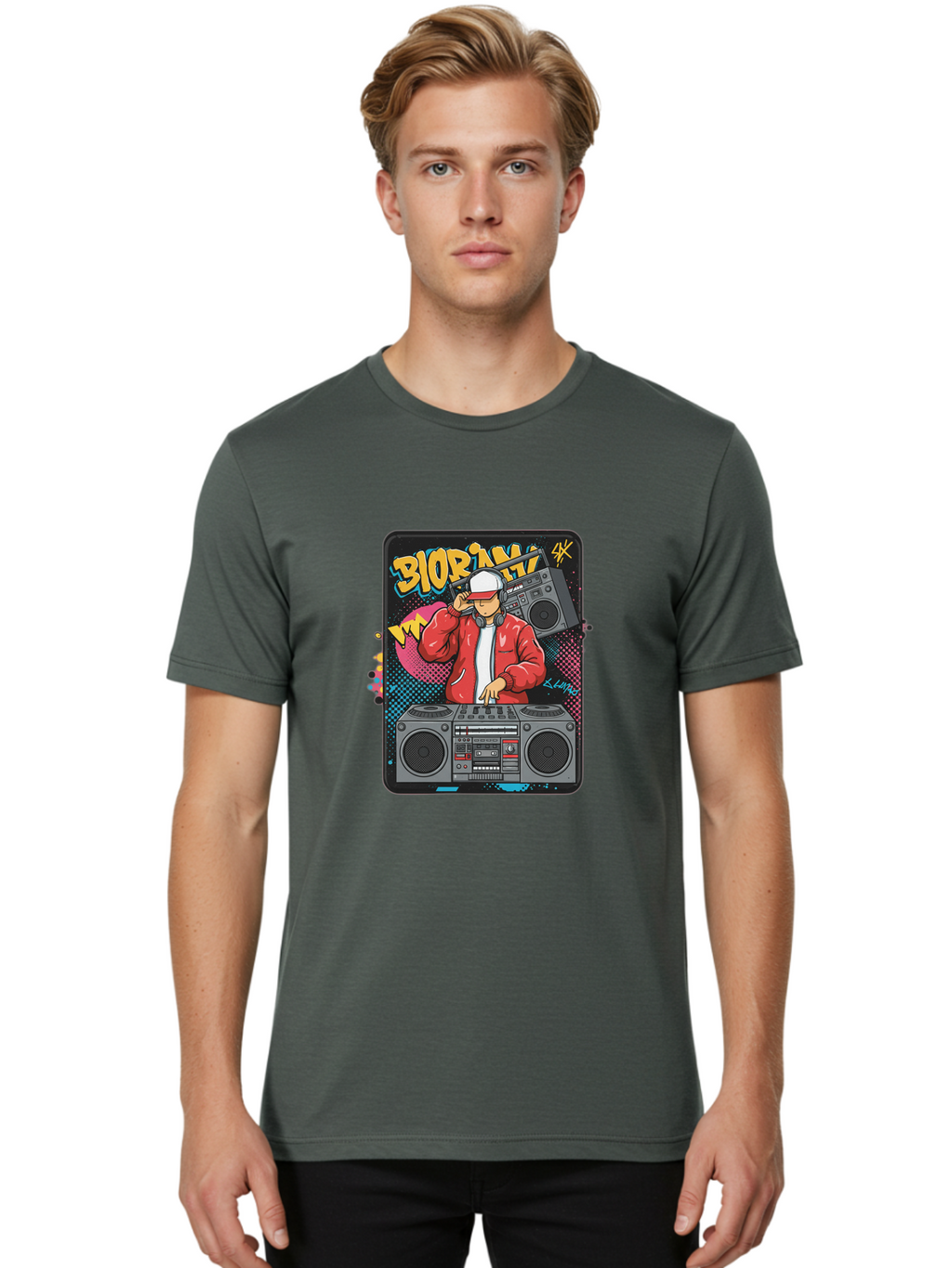 Biorpm Men'S Graphic Tee, 100% Cotton, Comfortable Casual Summer Wear, Machine Washable, Dj Mixing Music, Boombox, Red Jacket, White Hat, Hip Hop Style, Graffiti Art, Urban Culture, Streetwear Fashion, Music Producer, Electronic Dance Music Bac621
