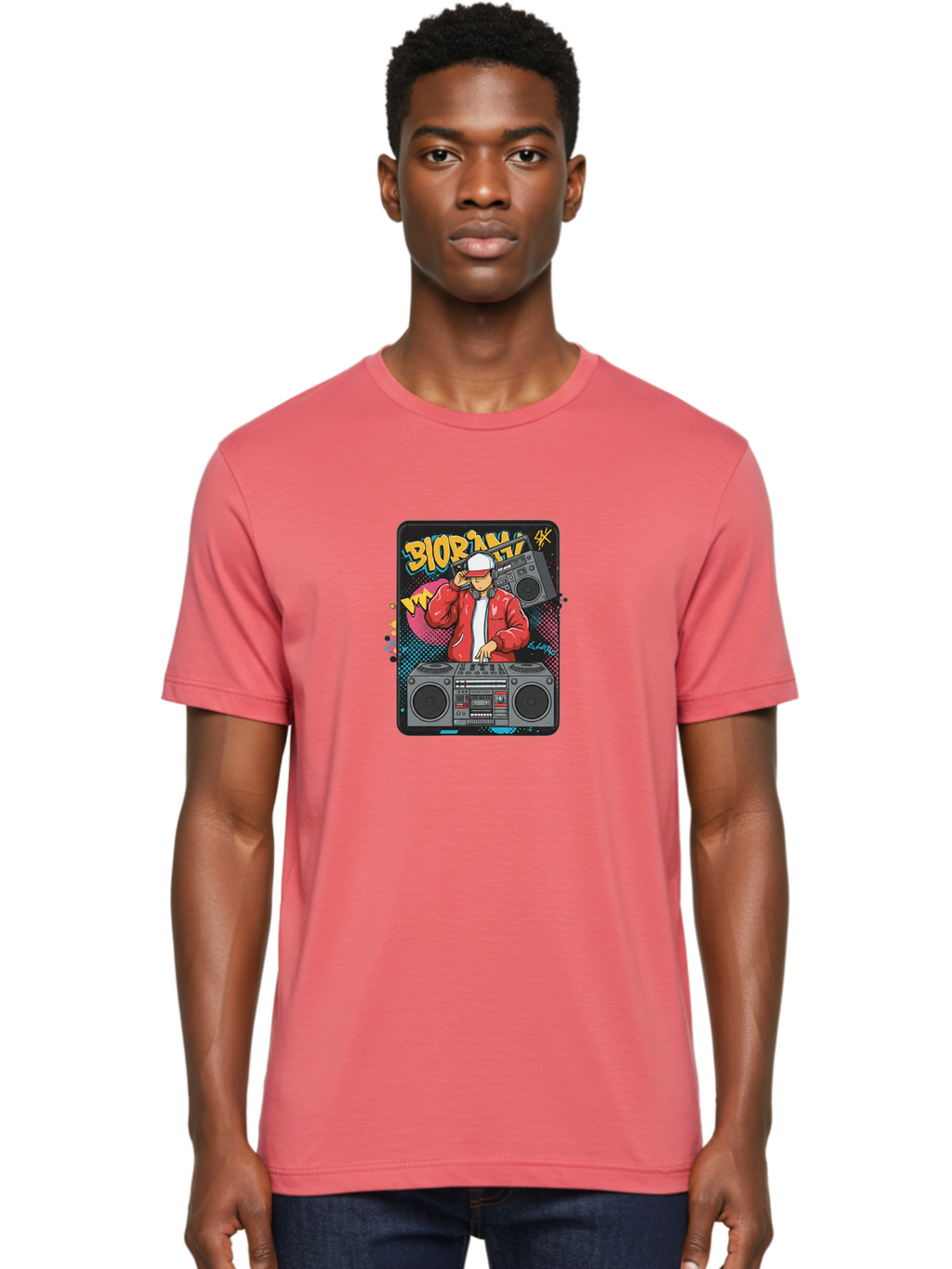 Biorpm Men'S Graphic Tee, 100% Cotton, Comfortable Casual Summer Wear, Machine Washable, Dj Mixing Music, Boombox, Red Jacket, White Hat, Hip Hop Style, Graffiti Art, Urban Culture, Streetwear Fashion, Music Producer, Electronic Dance Music Bac621