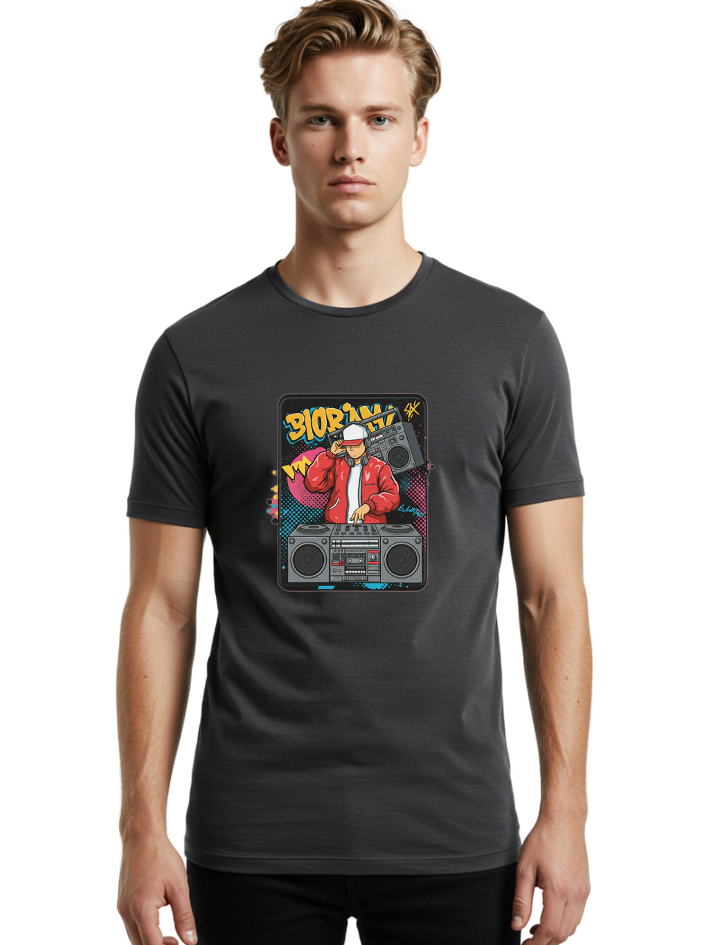 Biorpm Men'S Graphic Tee, 100% Cotton, Comfortable Casual Summer Wear, Machine Washable, Dj Mixing Music, Boombox, Red Jacket, White Hat, Hip Hop Style, Graffiti Art, Urban Culture, Streetwear Fashion, Music Producer, Electronic Dance Music Bac621