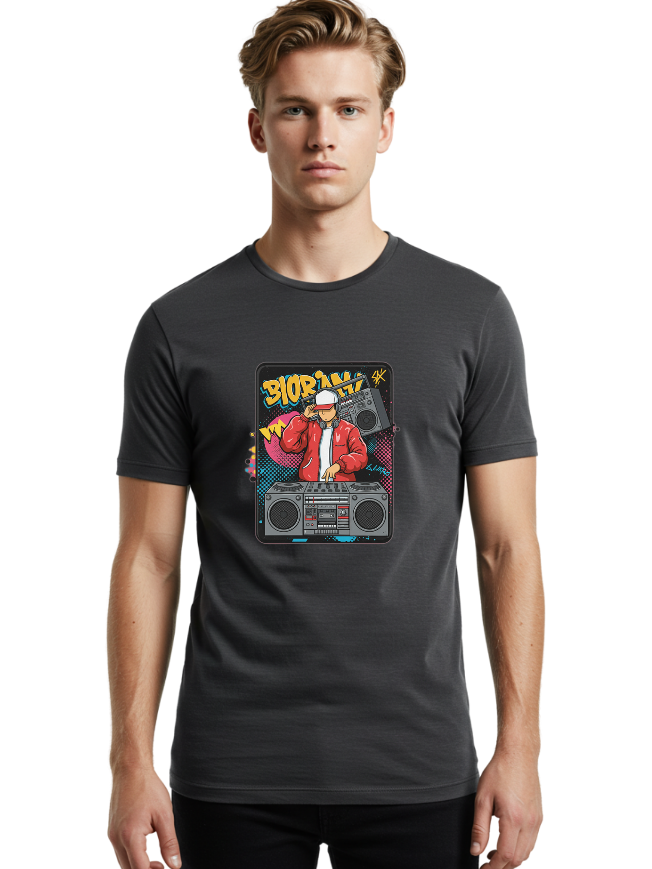 Biorpm Men'S Graphic Tee, 100% Cotton, Comfortable Casual Summer Wear, Machine Washable, Dj Mixing Music, Boombox, Red Jacket, White Hat, Hip Hop Style, Graffiti Art, Urban Culture, Streetwear Fashion, Music Producer, Electronic Dance Music Bac621