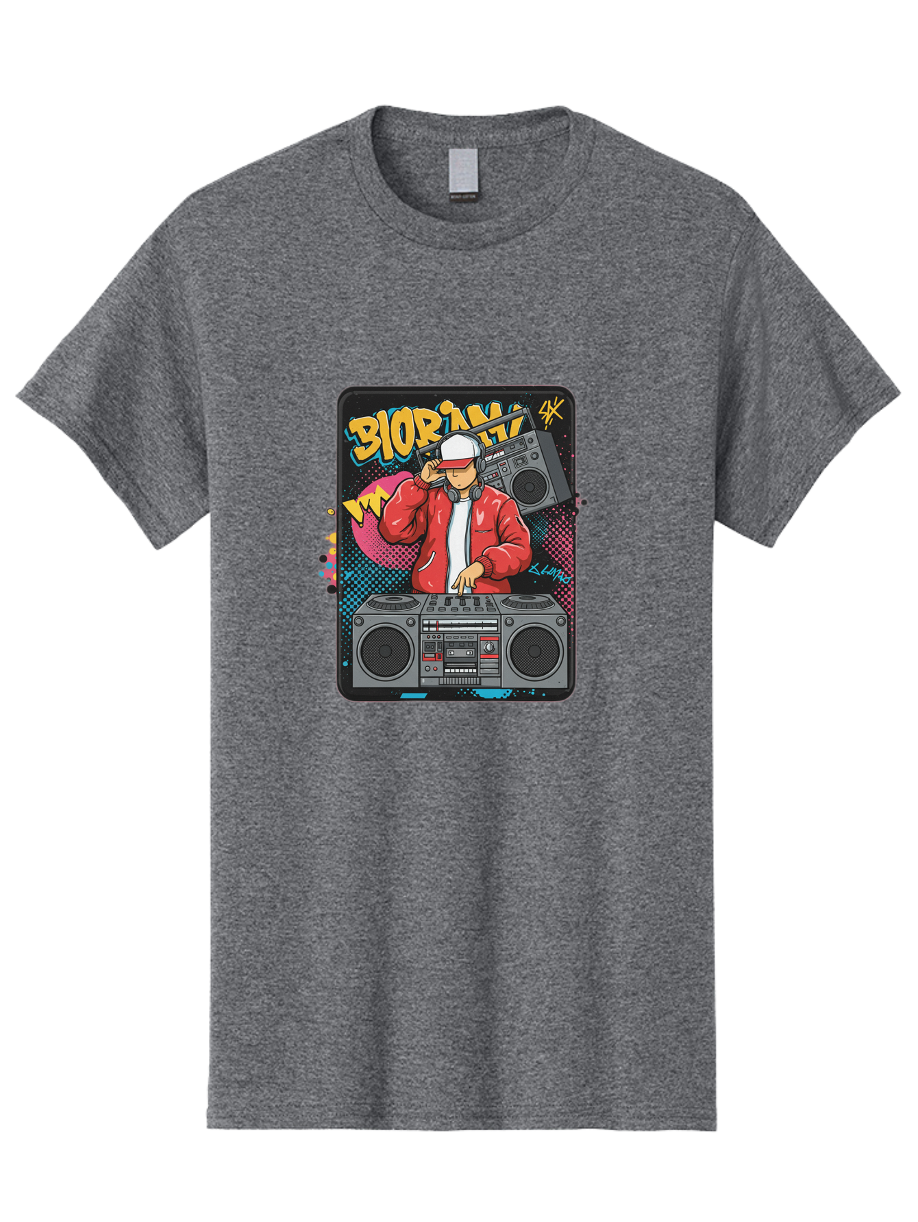 Biorpm Men'S Graphic Tee, 100% Cotton, Comfortable Casual Summer Wear, Machine Washable, Dj Mixing Music, Boombox, Red Jacket, White Hat, Hip Hop Style, Graffiti Art, Urban Culture, Streetwear Fashion, Music Producer, Electronic Dance Music Bac621