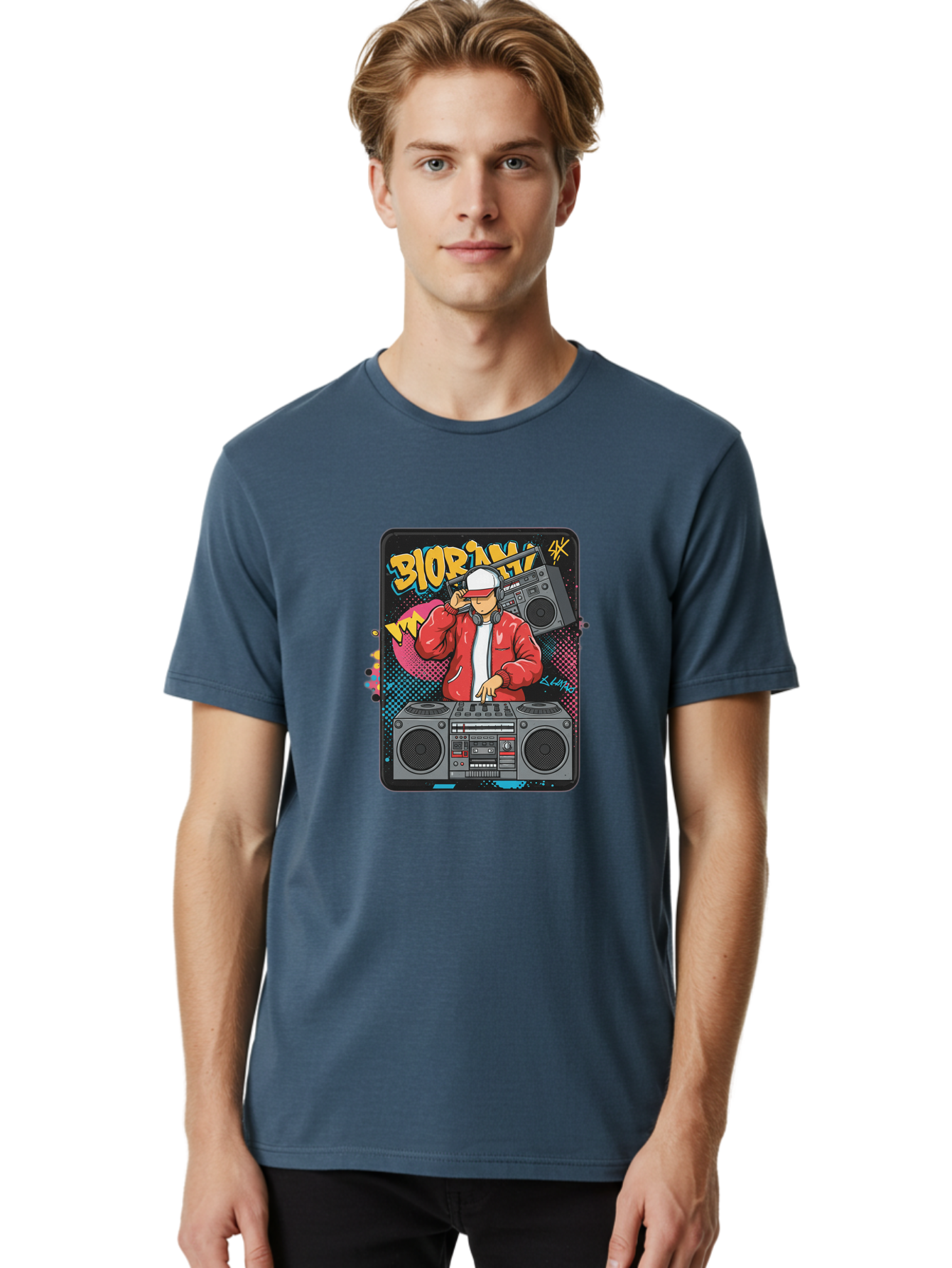 Biorpm Men'S Graphic Tee, 100% Cotton, Comfortable Casual Summer Wear, Machine Washable, Dj Mixing Music, Boombox, Red Jacket, White Hat, Hip Hop Style, Graffiti Art, Urban Culture, Streetwear Fashion, Music Producer, Electronic Dance Music Bac621