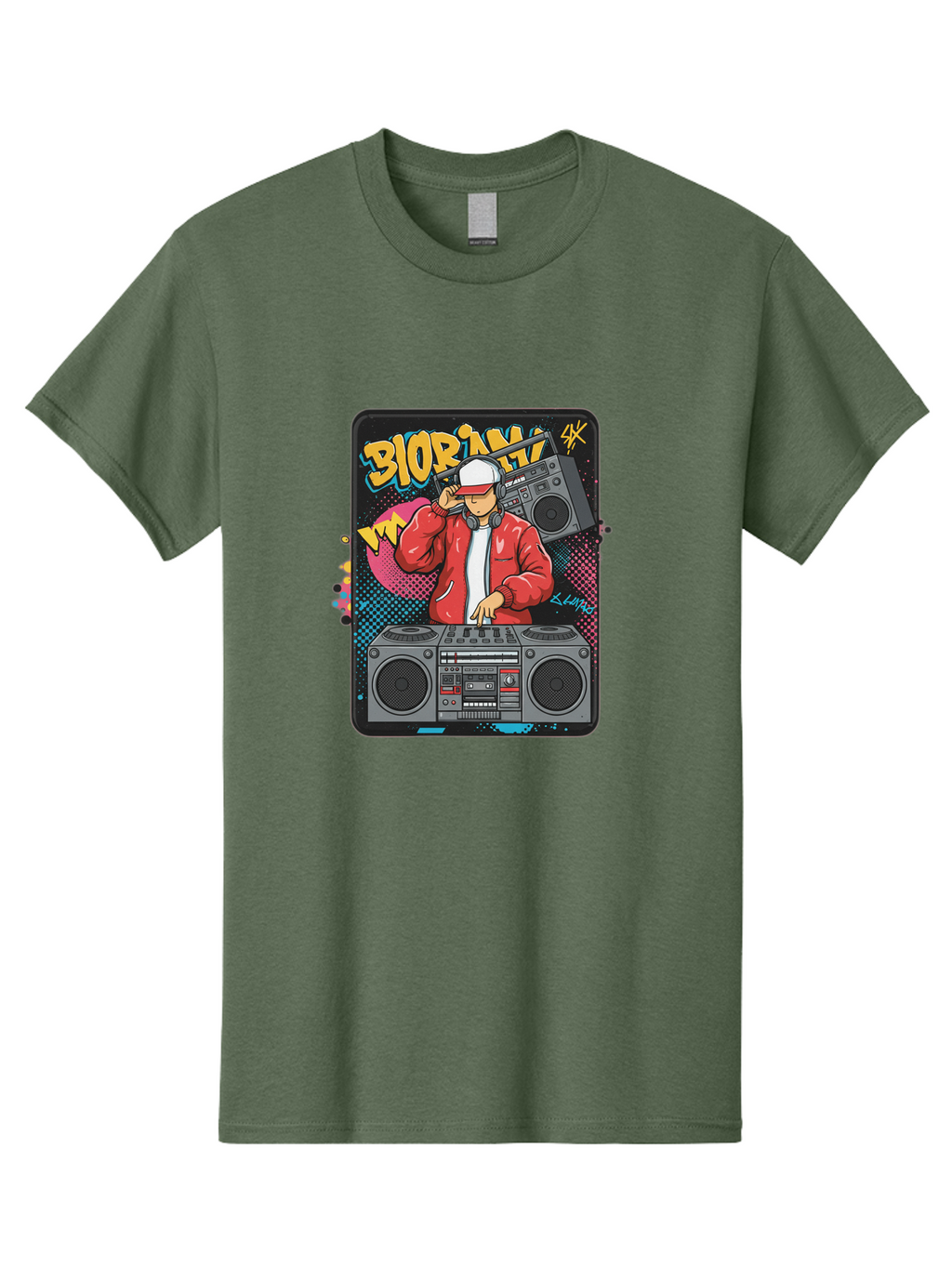 Biorpm Men'S Graphic Tee, 100% Cotton, Comfortable Casual Summer Wear, Machine Washable, Dj Mixing Music, Boombox, Red Jacket, White Hat, Hip Hop Style, Graffiti Art, Urban Culture, Streetwear Fashion, Music Producer, Electronic Dance Music Bac621