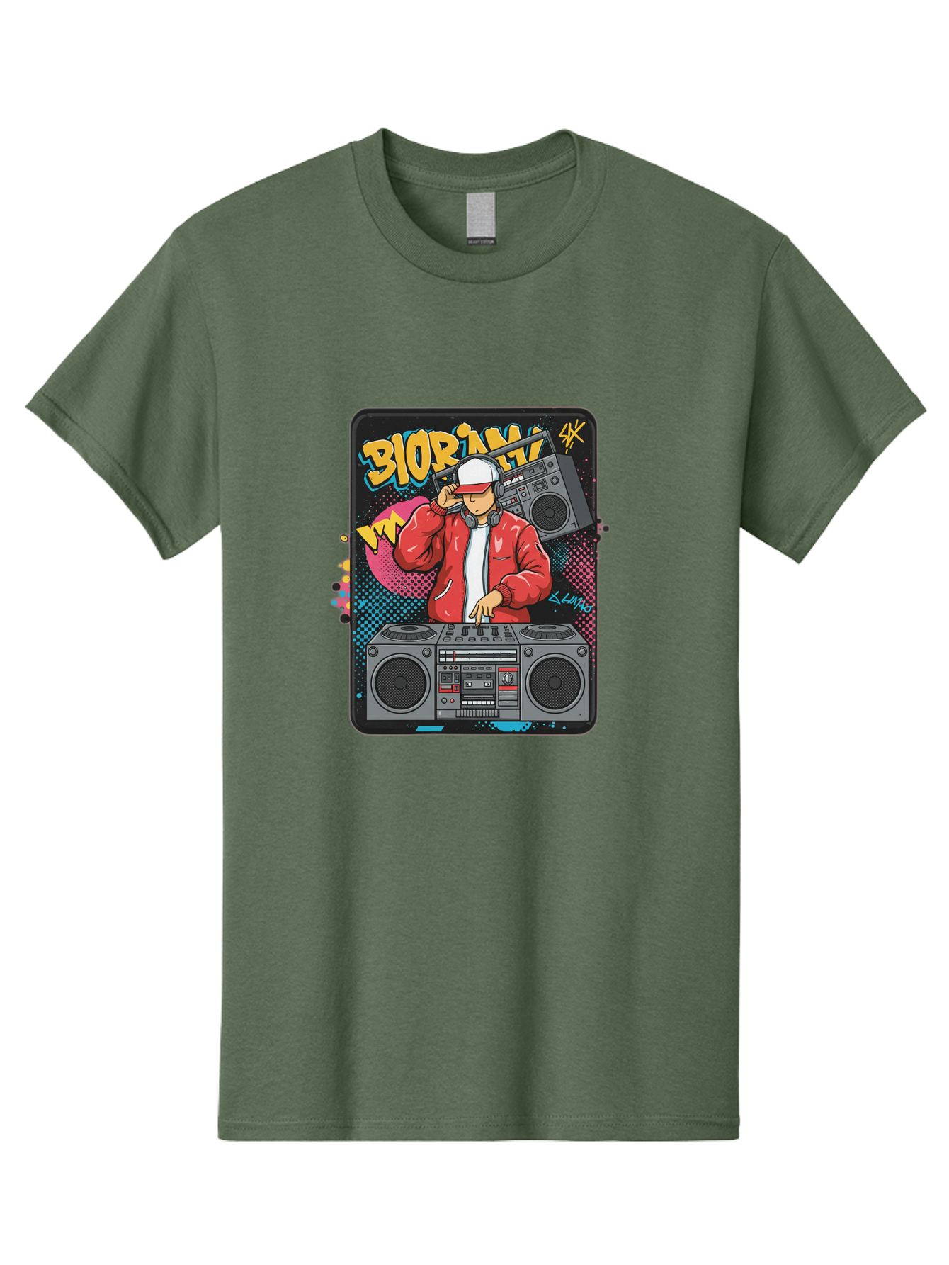 Biorpm Men'S Graphic Tee, 100% Cotton, Comfortable Casual Summer Wear, Machine Washable, Dj Mixing Music, Boombox, Red Jacket, White Hat, Hip Hop Style, Graffiti Art, Urban Culture, Streetwear Fashion, Music Producer, Electronic Dance Music Bac621