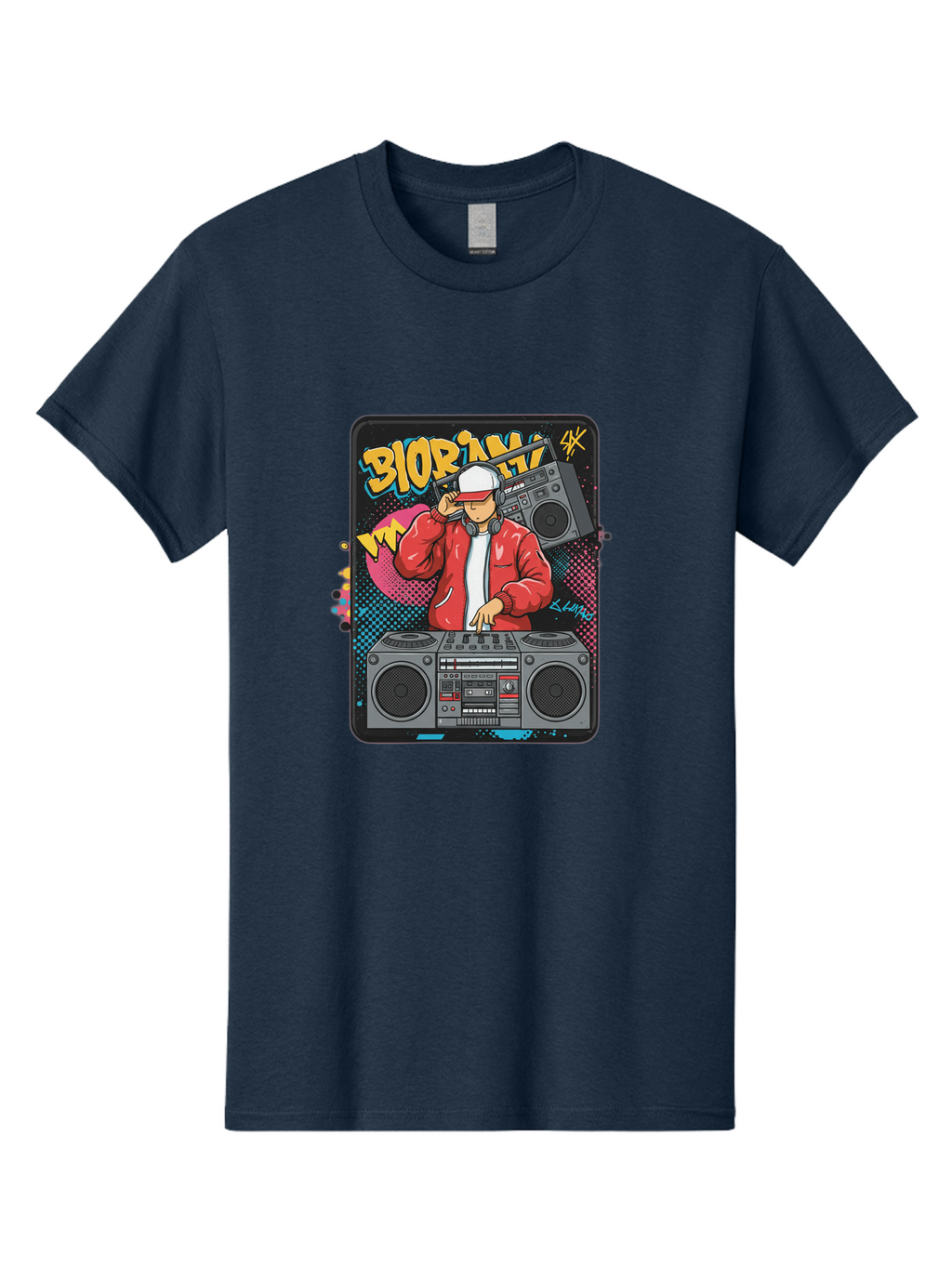 Biorpm Men'S Graphic Tee, 100% Cotton, Comfortable Casual Summer Wear, Machine Washable, Dj Mixing Music, Boombox, Red Jacket, White Hat, Hip Hop Style, Graffiti Art, Urban Culture, Streetwear Fashion, Music Producer, Electronic Dance Music Bac621