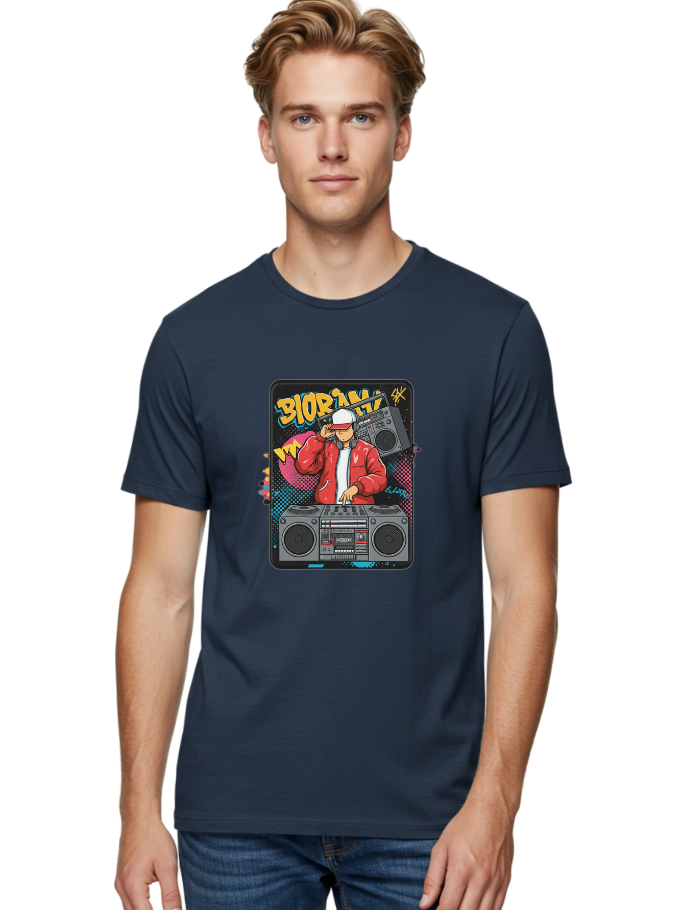 Biorpm Men'S Graphic Tee, 100% Cotton, Comfortable Casual Summer Wear, Machine Washable, Dj Mixing Music, Boombox, Red Jacket, White Hat, Hip Hop Style, Graffiti Art, Urban Culture, Streetwear Fashion, Music Producer, Electronic Dance Music Bac621