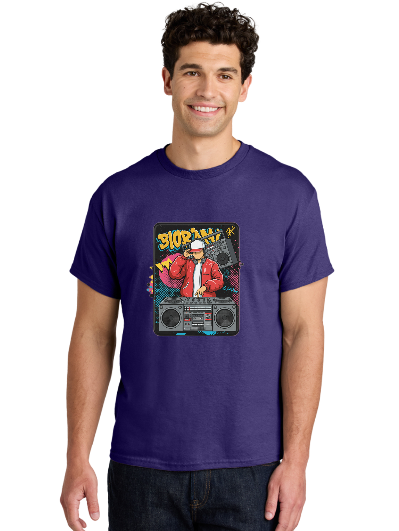 Biorpm Men'S Graphic Tee, 100% Cotton, Comfortable Casual Summer Wear, Machine Washable, Dj Mixing Music, Boombox, Red Jacket, White Hat, Hip Hop Style, Graffiti Art, Urban Culture, Streetwear Fashion, Music Producer, Electronic Dance Music Bac621