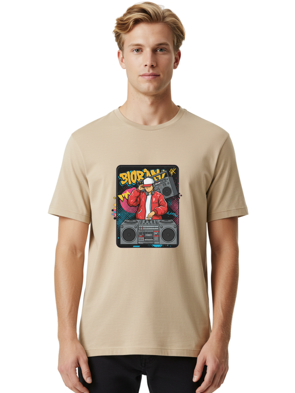 Biorpm Men'S Graphic Tee, 100% Cotton, Comfortable Casual Summer Wear, Machine Washable, Dj Mixing Music, Boombox, Red Jacket, White Hat, Hip Hop Style, Graffiti Art, Urban Culture, Streetwear Fashion, Music Producer, Electronic Dance Music Bac621