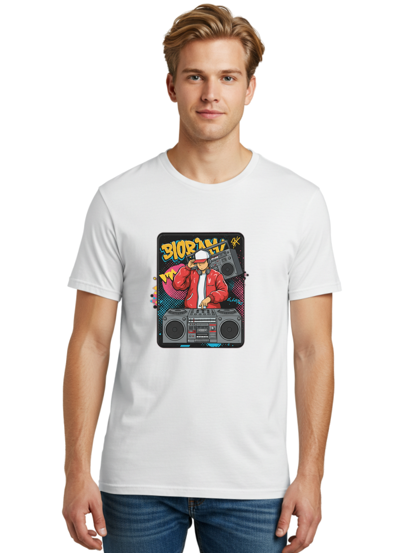 Biorpm Men'S Graphic Tee, 100% Cotton, Comfortable Casual Summer Wear, Machine Washable, Dj Mixing Music, Boombox, Red Jacket, White Hat, Hip Hop Style, Graffiti Art, Urban Culture, Streetwear Fashion, Music Producer, Electronic Dance Music Bac621