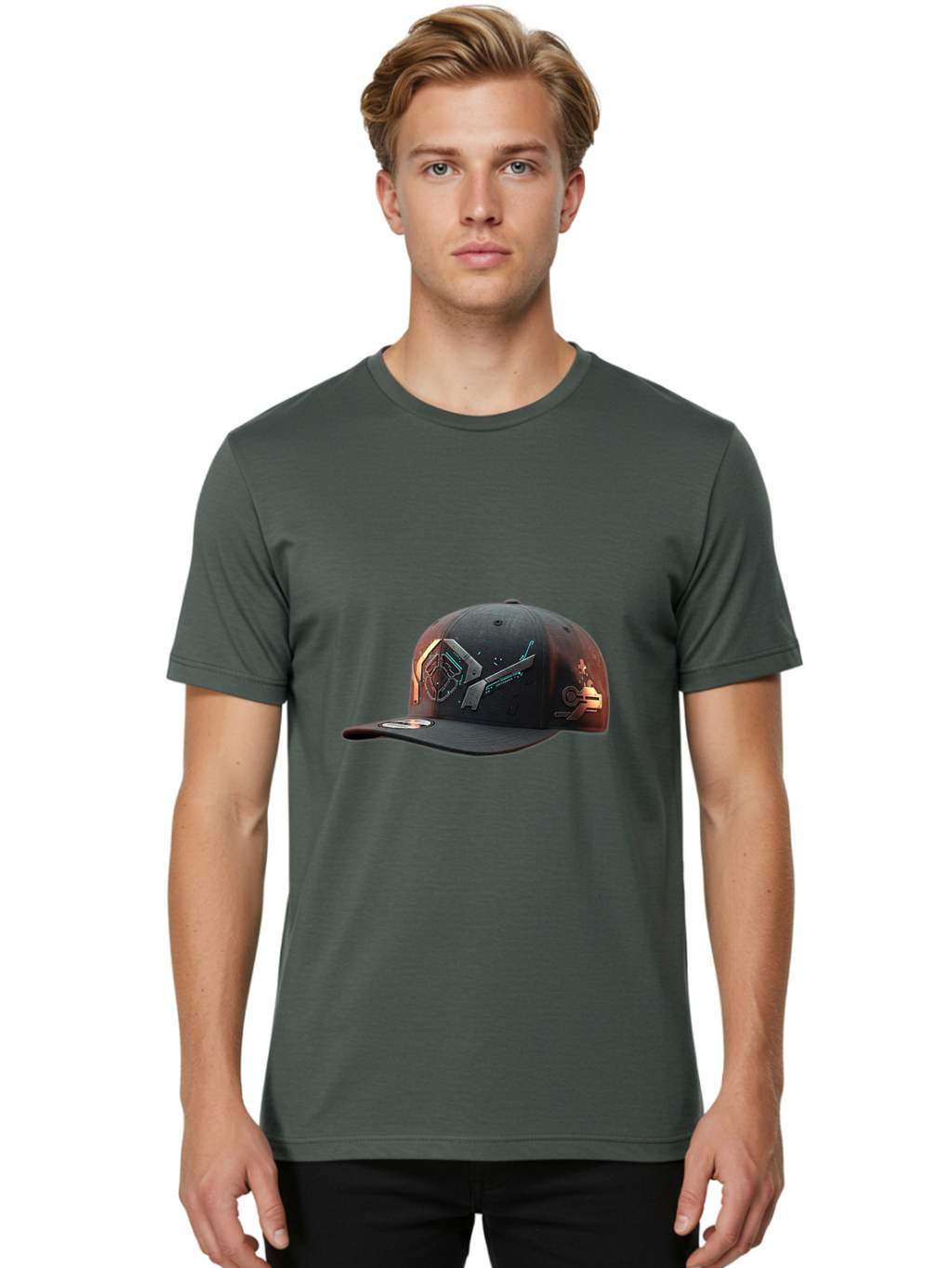 Black-Baseball-Cap Men'S Graphic Tee, 100% Cotton, Comfortable Casual Summer Wear, Machine Washable, Futuristic Baseball Cap, Cyberpunk Design, Neon Lights, High-Tech, Avant-Garde Fashion, Streetwear, Modern Accessories, Bold Graphics, Bac623