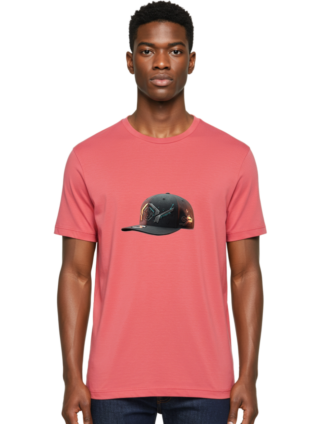Black-Baseball-Cap Men'S Graphic Tee, 100% Cotton, Comfortable Casual Summer Wear, Machine Washable, Futuristic Baseball Cap, Cyberpunk Design, Neon Lights, High-Tech, Avant-Garde Fashion, Streetwear, Modern Accessories, Bold Graphics, Bac623