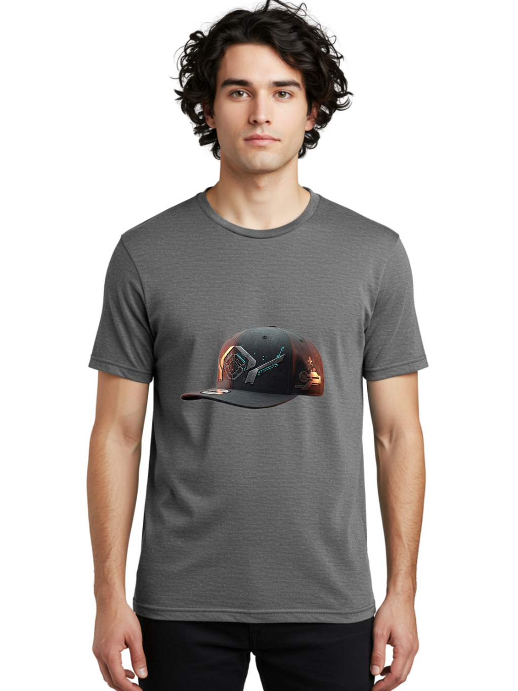 Black-Baseball-Cap Men'S Graphic Tee, 100% Cotton, Comfortable Casual Summer Wear, Machine Washable, Futuristic Baseball Cap, Cyberpunk Design, Neon Lights, High-Tech, Avant-Garde Fashion, Streetwear, Modern Accessories, Bold Graphics, Bac623