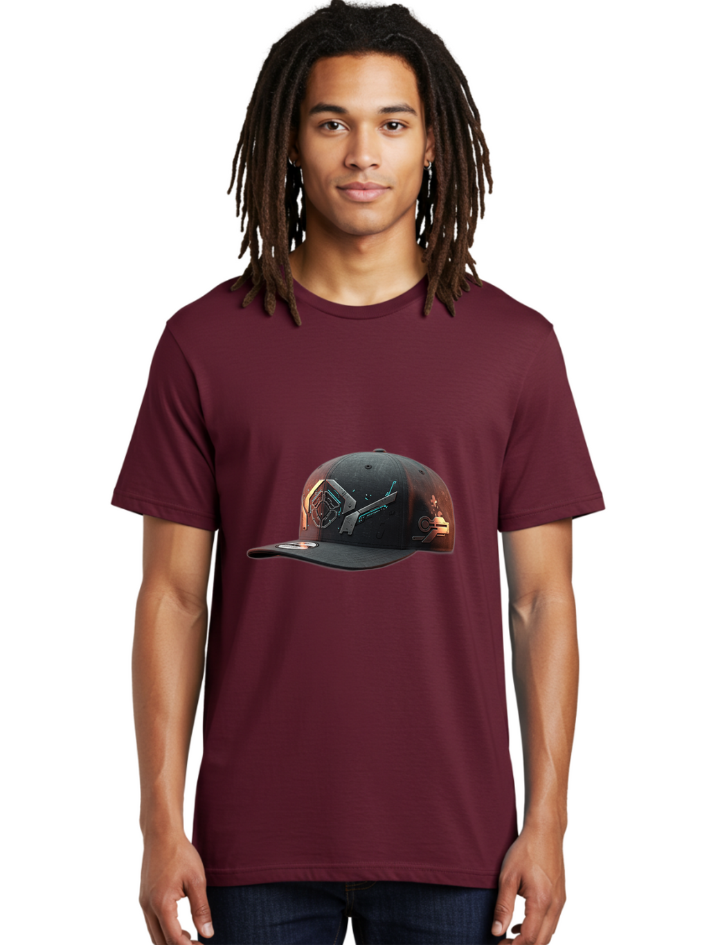 Black-Baseball-Cap Men'S Graphic Tee, 100% Cotton, Comfortable Casual Summer Wear, Machine Washable, Futuristic Baseball Cap, Cyberpunk Design, Neon Lights, High-Tech, Avant-Garde Fashion, Streetwear, Modern Accessories, Bold Graphics, Bac623