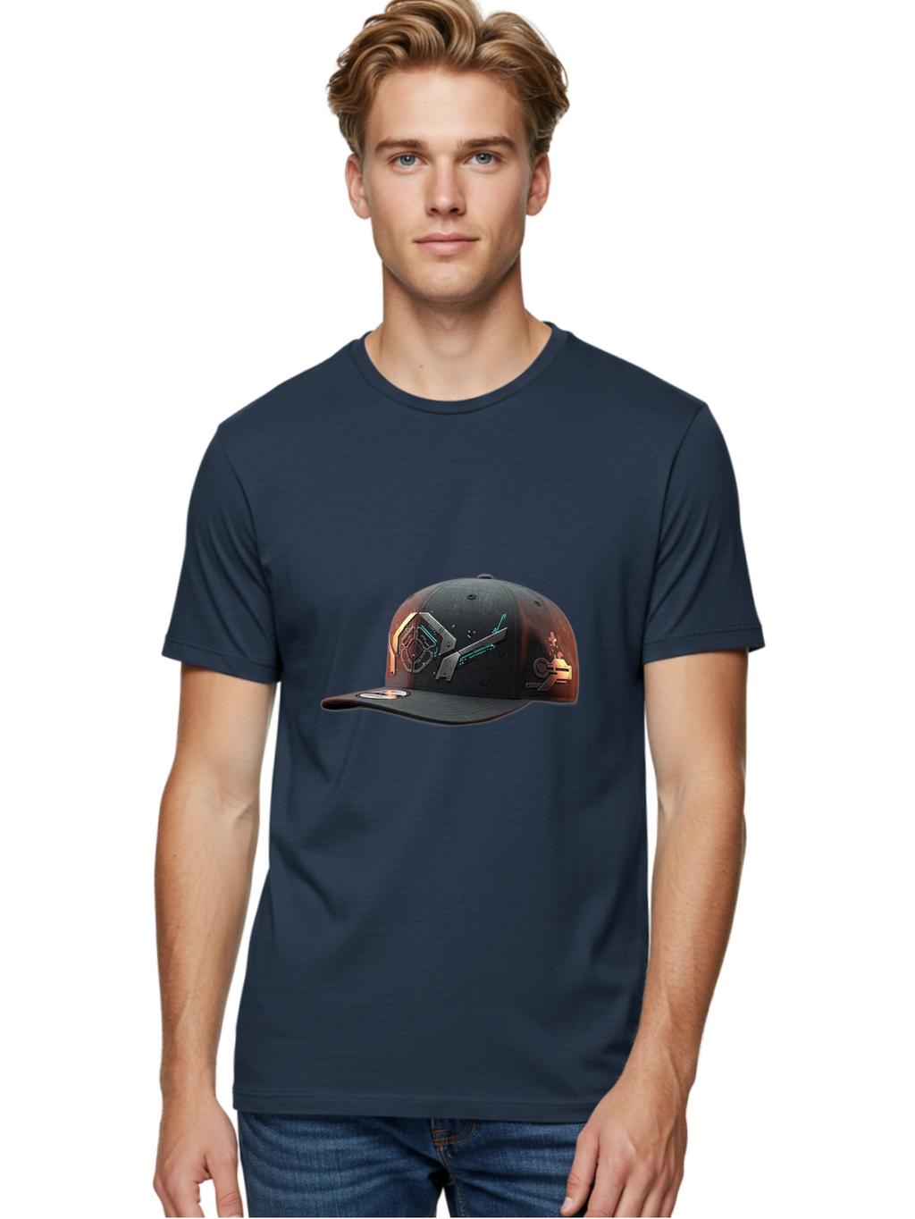 Black-Baseball-Cap Men'S Graphic Tee, 100% Cotton, Comfortable Casual Summer Wear, Machine Washable, Futuristic Baseball Cap, Cyberpunk Design, Neon Lights, High-Tech, Avant-Garde Fashion, Streetwear, Modern Accessories, Bold Graphics, Bac623