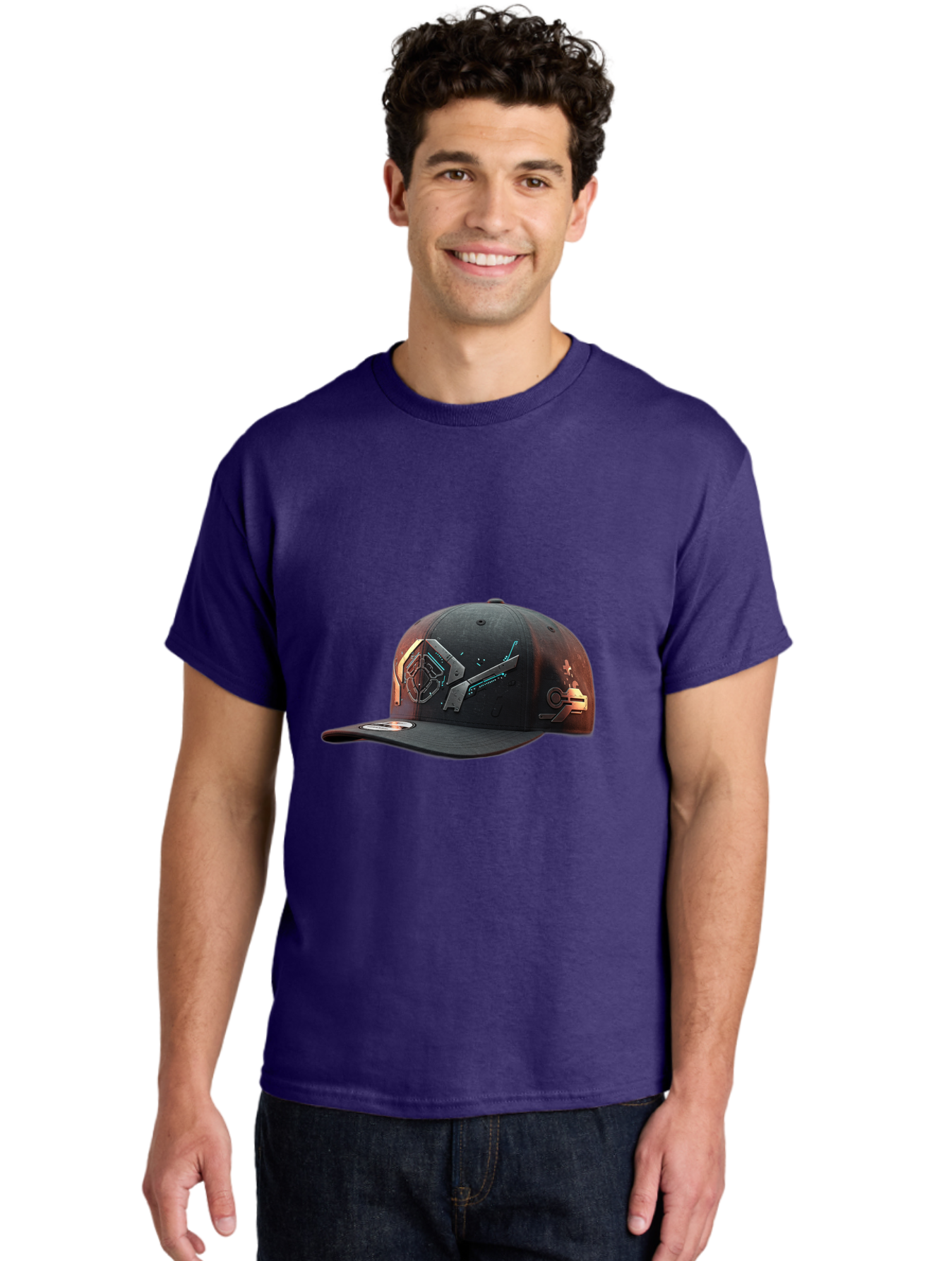 Black-Baseball-Cap Men'S Graphic Tee, 100% Cotton, Comfortable Casual Summer Wear, Machine Washable, Futuristic Baseball Cap, Cyberpunk Design, Neon Lights, High-Tech, Avant-Garde Fashion, Streetwear, Modern Accessories, Bold Graphics, Bac623