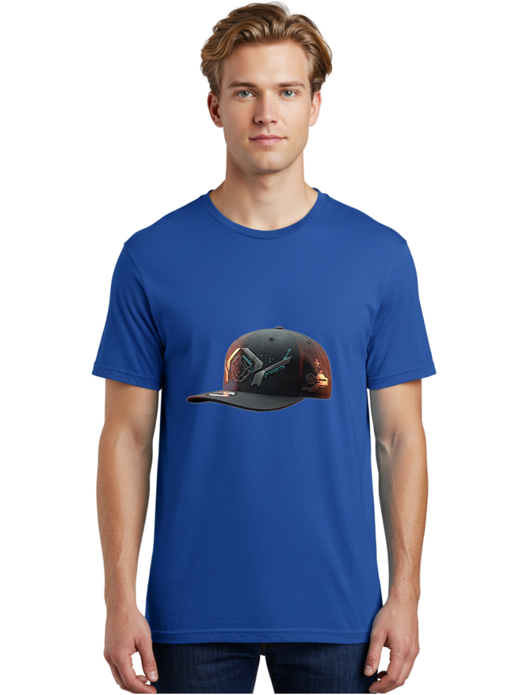 Black-Baseball-Cap Men'S Graphic Tee, 100% Cotton, Comfortable Casual Summer Wear, Machine Washable, Futuristic Baseball Cap, Cyberpunk Design, Neon Lights, High-Tech, Avant-Garde Fashion, Streetwear, Modern Accessories, Bold Graphics, Bac623