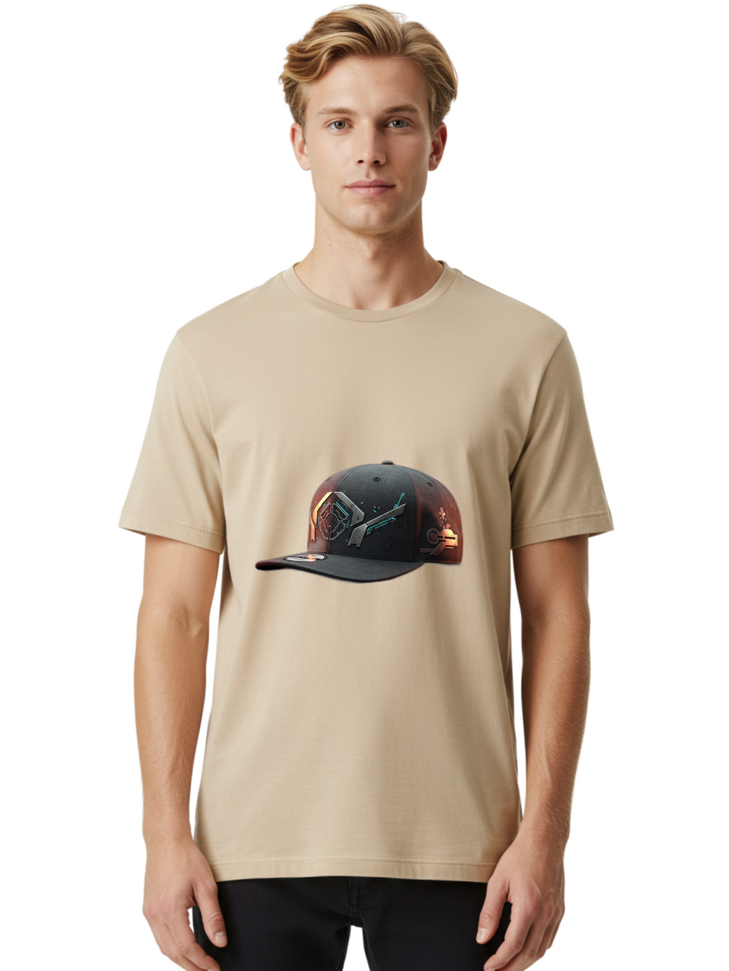 Black-Baseball-Cap Men'S Graphic Tee, 100% Cotton, Comfortable Casual Summer Wear, Machine Washable, Futuristic Baseball Cap, Cyberpunk Design, Neon Lights, High-Tech, Avant-Garde Fashion, Streetwear, Modern Accessories, Bold Graphics, Bac623