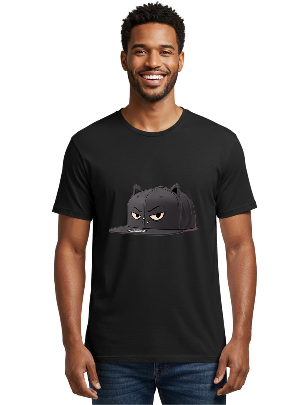 Black-Cat-Cap Men'S Graphic Tee, 100% Cotton, Comfortable Casual Summer Wear, Machine Washable, Black Baseball Cap, Cartoon Cat Face, Angry Expression, Feline Features, Black Hat, Grumpy Cat, Cat Ears, Trendy Accessory, Streetwear Fashion Bac624