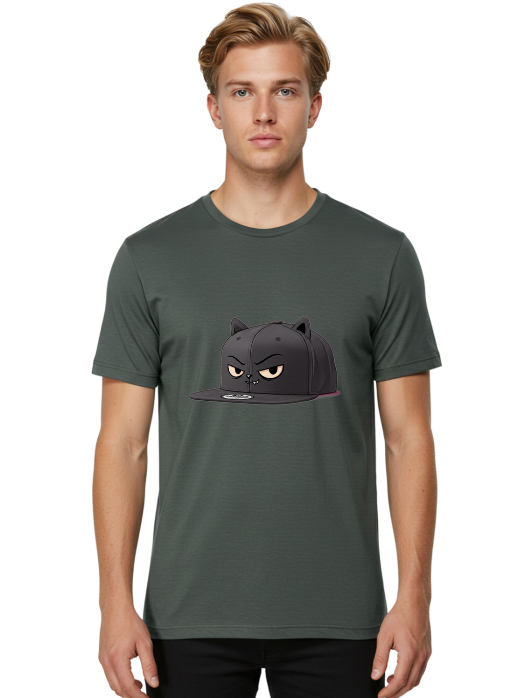 Black-Cat-Cap Men'S Graphic Tee, 100% Cotton, Comfortable Casual Summer Wear, Machine Washable, Black Baseball Cap, Cartoon Cat Face, Angry Expression, Feline Features, Black Hat, Grumpy Cat, Cat Ears, Trendy Accessory, Streetwear Fashion Bac624