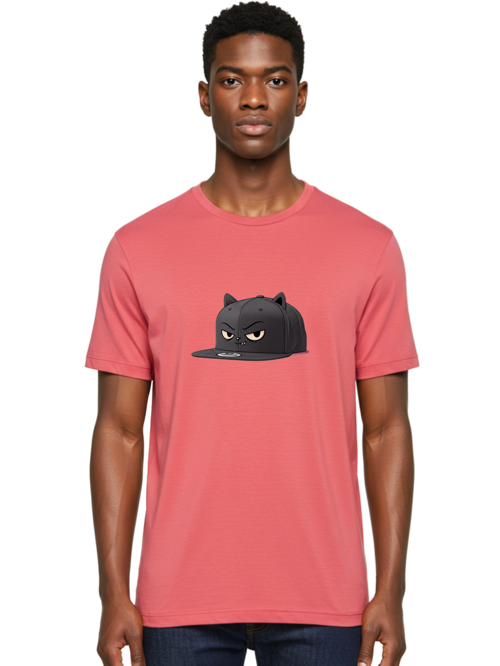 Black-Cat-Cap Men'S Graphic Tee, 100% Cotton, Comfortable Casual Summer Wear, Machine Washable, Black Baseball Cap, Cartoon Cat Face, Angry Expression, Feline Features, Black Hat, Grumpy Cat, Cat Ears, Trendy Accessory, Streetwear Fashion Bac624