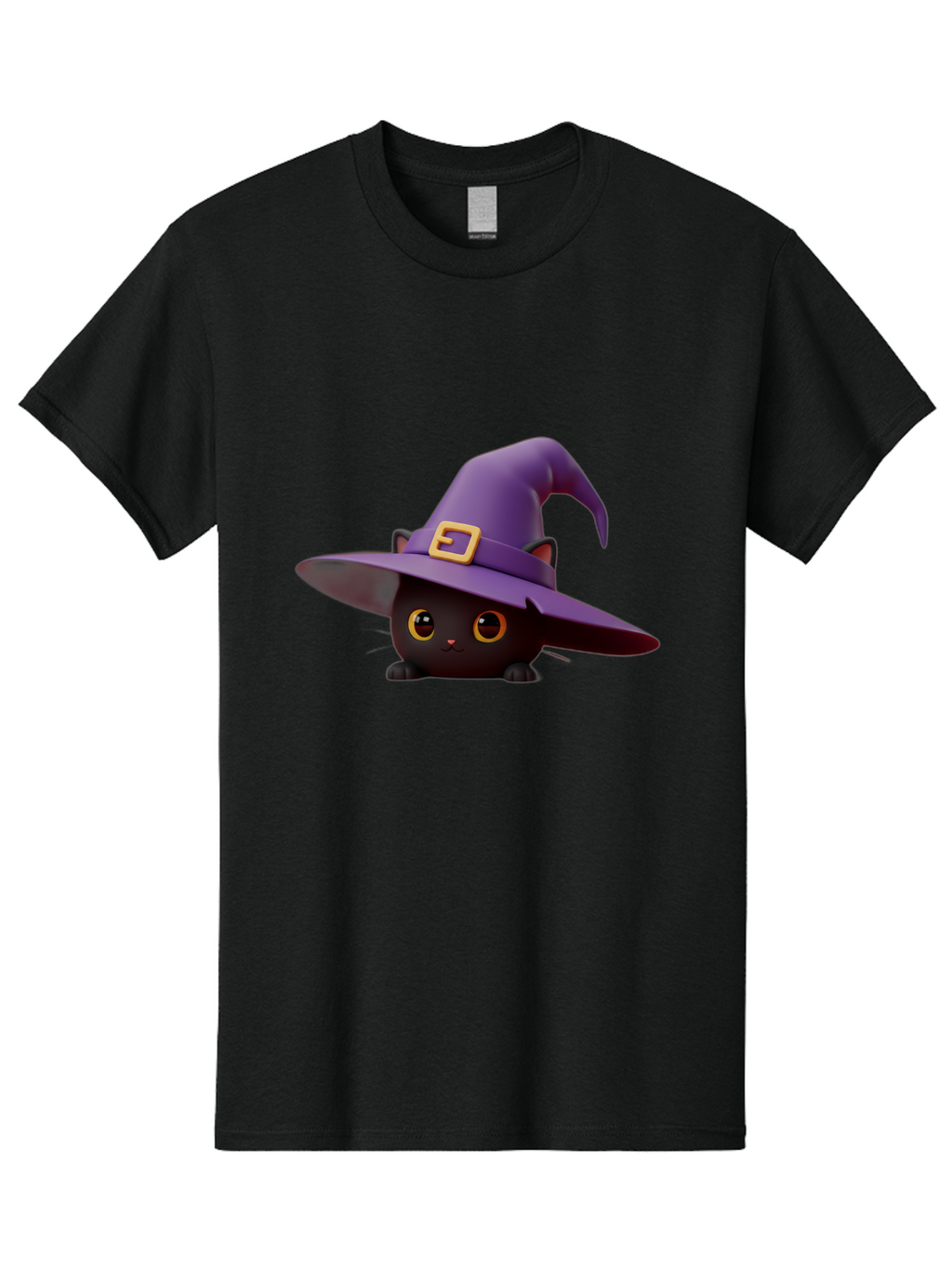 Black-Cat-In-Purple-Witch-Hat Men'S Graphic Tee, 100% Cotton, Comfortable Casual Summer Wear, Machine Washable, Black Cat, Purple Witch Hat, Gold Buckle, Cartoon Style, Whimsical Design, Halloween Theme, Cute Character, Yellow Eyes Bac625