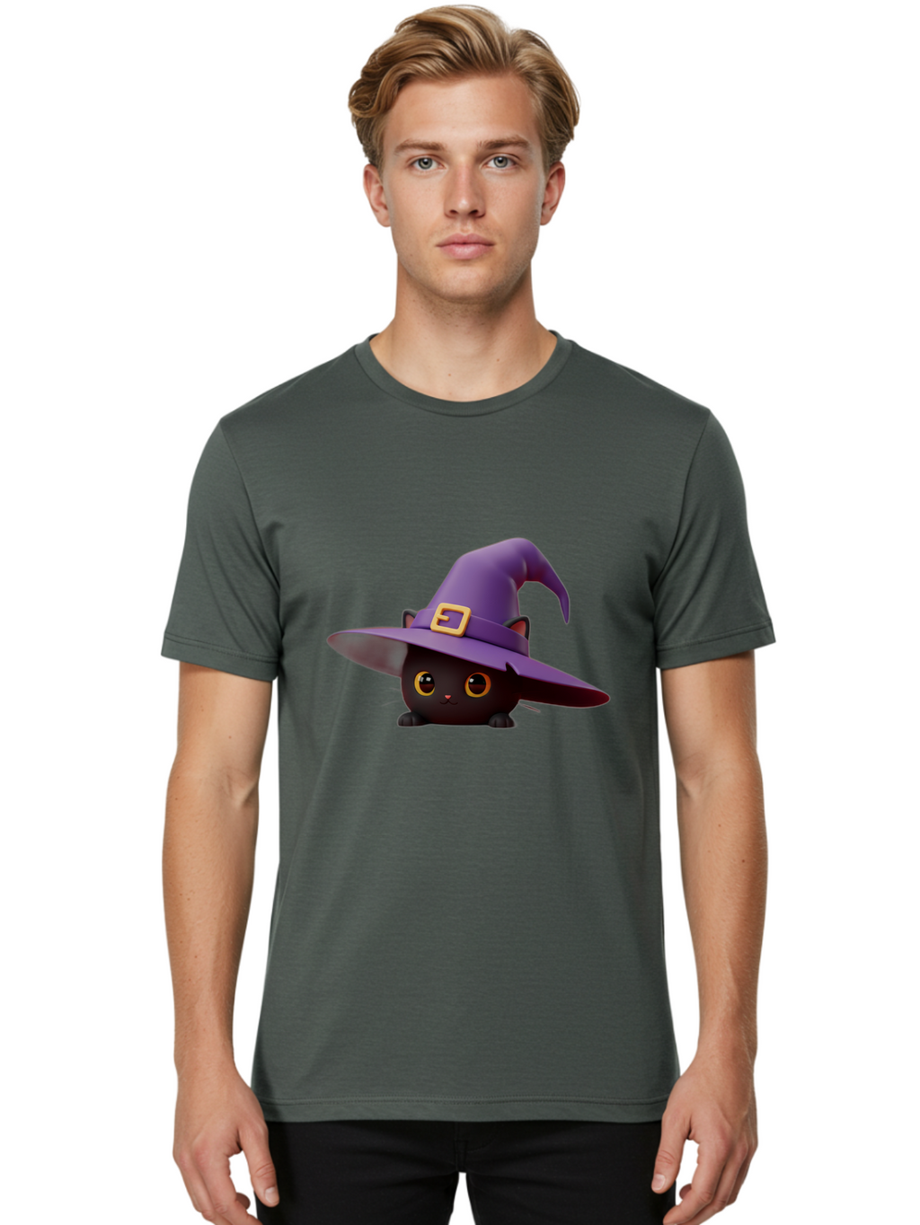Black-Cat-In-Purple-Witch-Hat Men'S Graphic Tee, 100% Cotton, Comfortable Casual Summer Wear, Machine Washable, Black Cat, Purple Witch Hat, Gold Buckle, Cartoon Style, Whimsical Design, Halloween Theme, Cute Character, Yellow Eyes Bac625