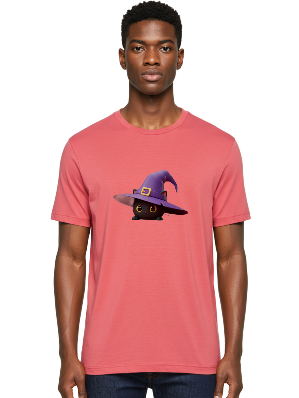 Black-Cat-In-Purple-Witch-Hat Men'S Graphic Tee, 100% Cotton, Comfortable Casual Summer Wear, Machine Washable, Black Cat, Purple Witch Hat, Gold Buckle, Cartoon Style, Whimsical Design, Halloween Theme, Cute Character, Yellow Eyes Bac625