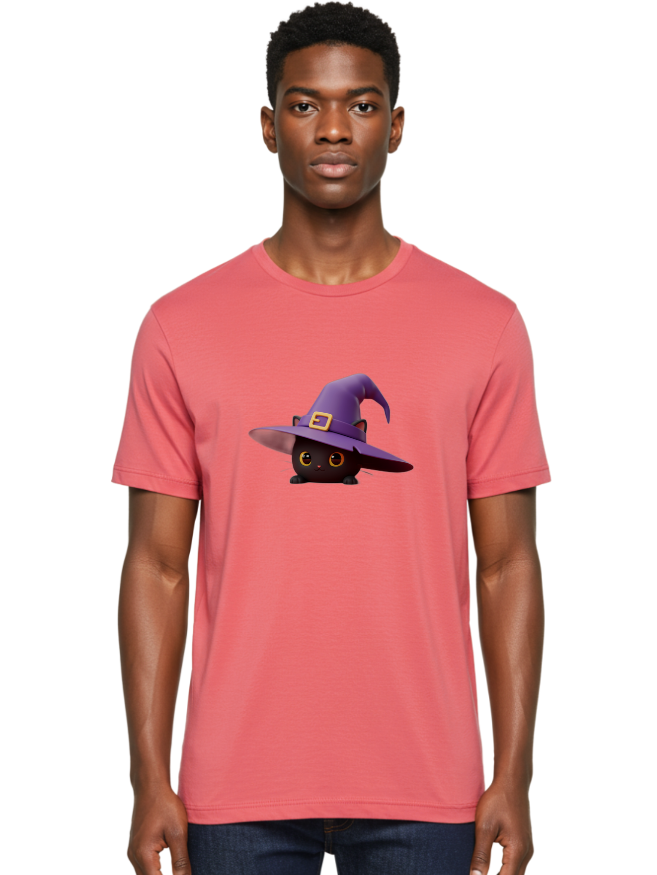 Black-Cat-In-Purple-Witch-Hat Men'S Graphic Tee, 100% Cotton, Comfortable Casual Summer Wear, Machine Washable, Black Cat, Purple Witch Hat, Gold Buckle, Cartoon Style, Whimsical Design, Halloween Theme, Cute Character, Yellow Eyes Bac625