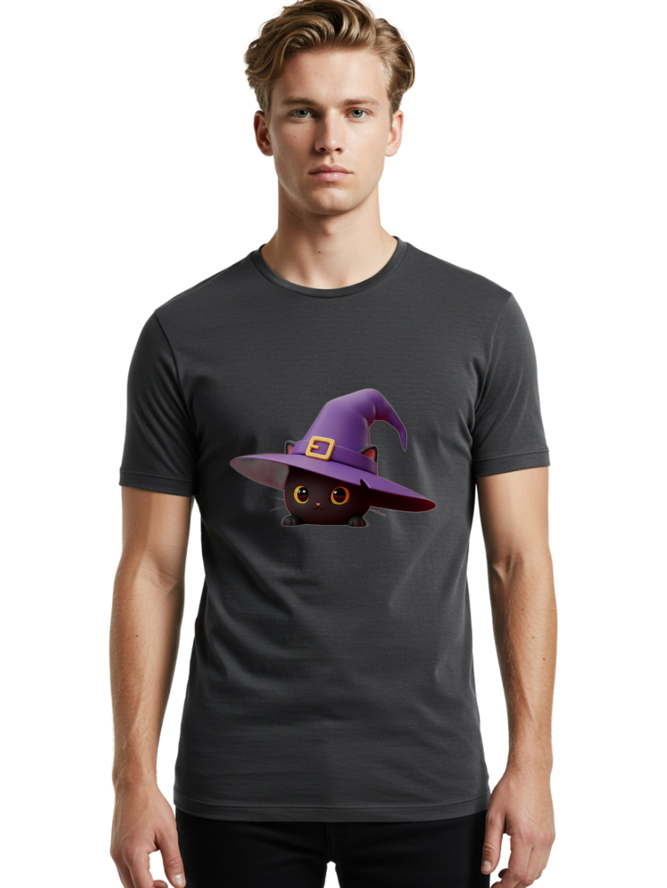 Black-Cat-In-Purple-Witch-Hat Men'S Graphic Tee, 100% Cotton, Comfortable Casual Summer Wear, Machine Washable, Black Cat, Purple Witch Hat, Gold Buckle, Cartoon Style, Whimsical Design, Halloween Theme, Cute Character, Yellow Eyes Bac625