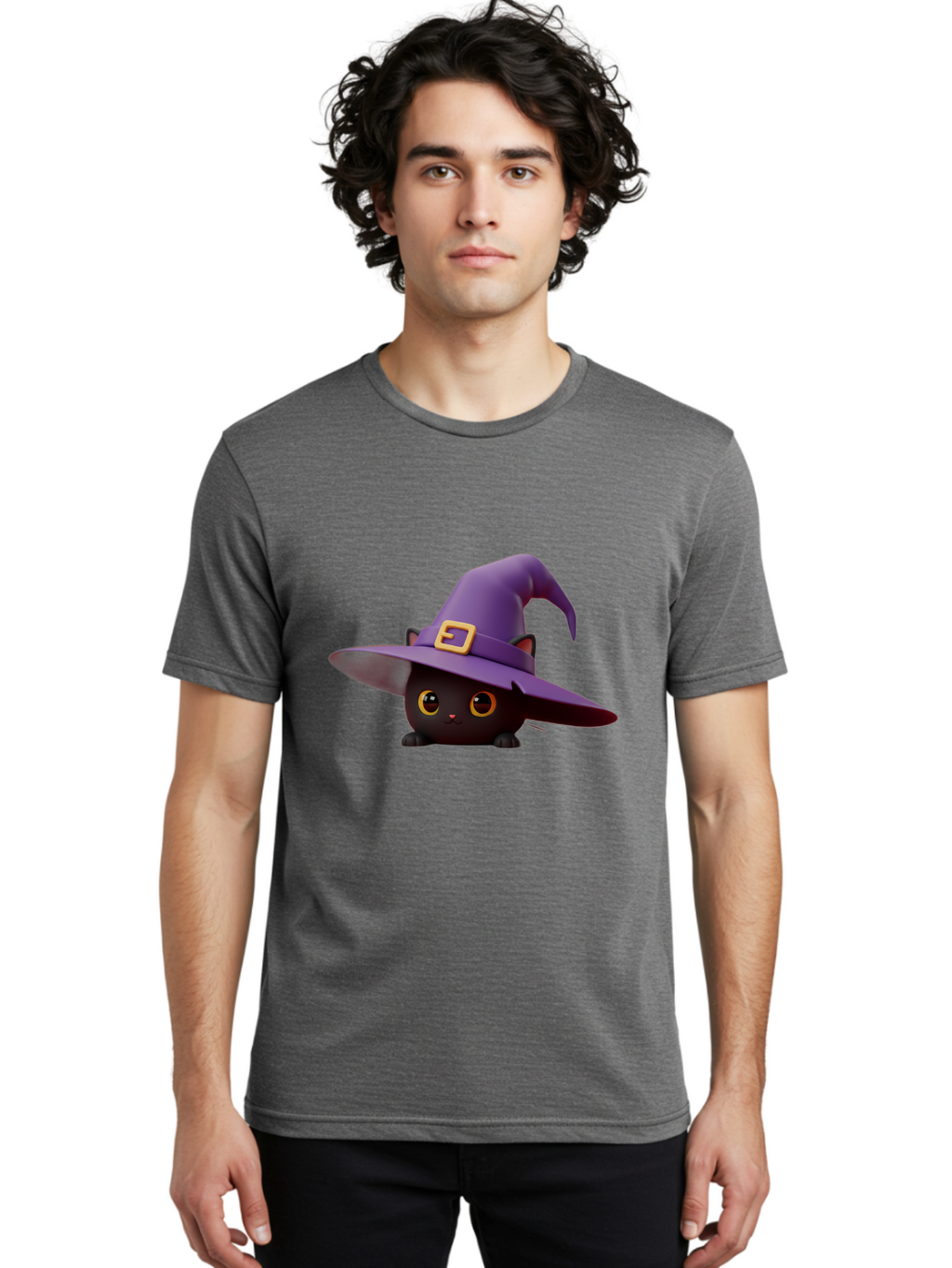 Black-Cat-In-Purple-Witch-Hat Men'S Graphic Tee, 100% Cotton, Comfortable Casual Summer Wear, Machine Washable, Black Cat, Purple Witch Hat, Gold Buckle, Cartoon Style, Whimsical Design, Halloween Theme, Cute Character, Yellow Eyes Bac625
