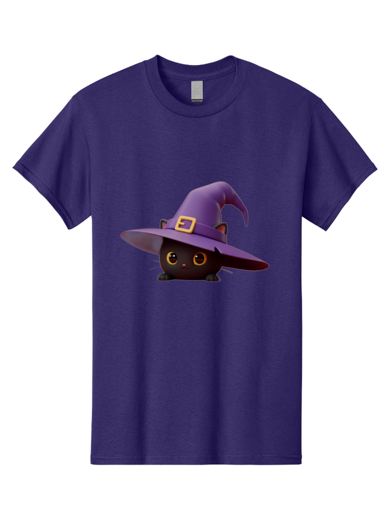 Black-Cat-In-Purple-Witch-Hat Men'S Graphic Tee, 100% Cotton, Comfortable Casual Summer Wear, Machine Washable, Black Cat, Purple Witch Hat, Gold Buckle, Cartoon Style, Whimsical Design, Halloween Theme, Cute Character, Yellow Eyes Bac625