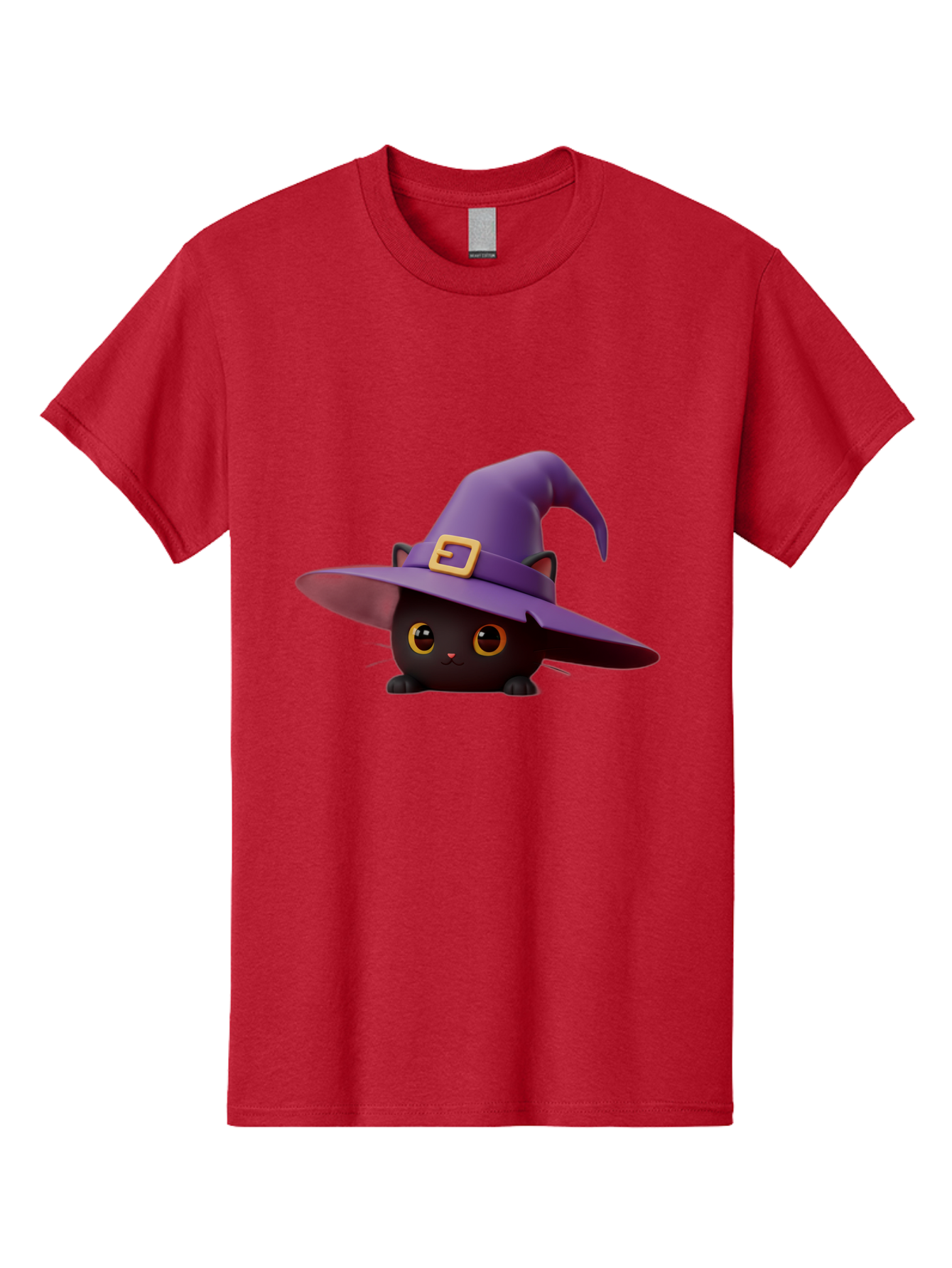 Black-Cat-In-Purple-Witch-Hat Men'S Graphic Tee, 100% Cotton, Comfortable Casual Summer Wear, Machine Washable, Black Cat, Purple Witch Hat, Gold Buckle, Cartoon Style, Whimsical Design, Halloween Theme, Cute Character, Yellow Eyes Bac625