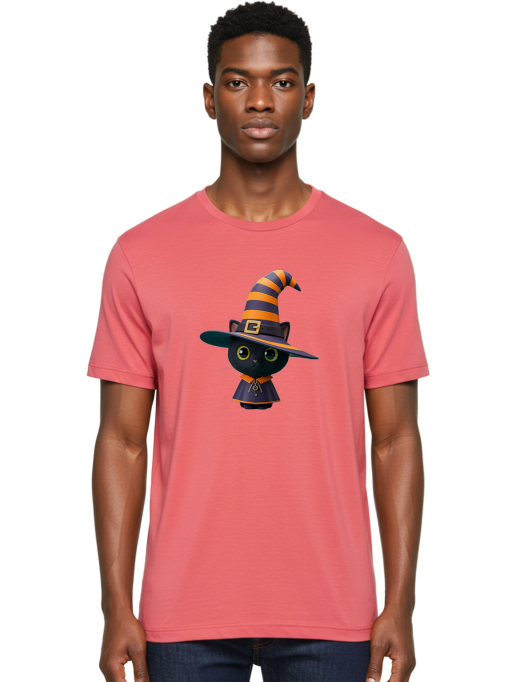 Black-Cat-In-Witch-Hat Men'S Graphic Tee, 100% Cotton, Comfortable Casual Summer Wear, Machine Washable, Black Cat, Witch Costume, Orange And Black Stripes, Cartoon Character, Halloween Theme, Spooky Kitty, Cute Animal, 3D Illustration, Bac626