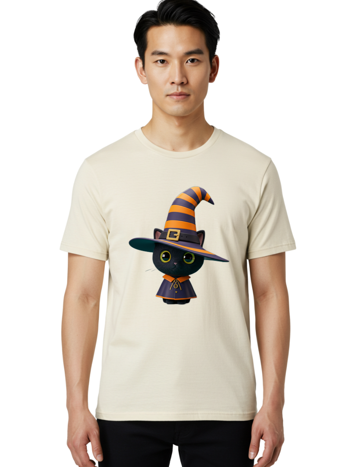 Black-Cat-In-Witch-Hat Men'S Graphic Tee, 100% Cotton, Comfortable Casual Summer Wear, Machine Washable, Black Cat, Witch Costume, Orange And Black Stripes, Cartoon Character, Halloween Theme, Spooky Kitty, Cute Animal, 3D Illustration, Bac626
