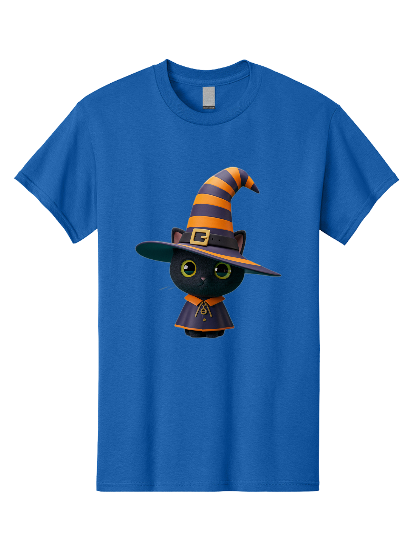Black-Cat-In-Witch-Hat Men'S Graphic Tee, 100% Cotton, Comfortable Casual Summer Wear, Machine Washable, Black Cat, Witch Costume, Orange And Black Stripes, Cartoon Character, Halloween Theme, Spooky Kitty, Cute Animal, 3D Illustration, Bac626