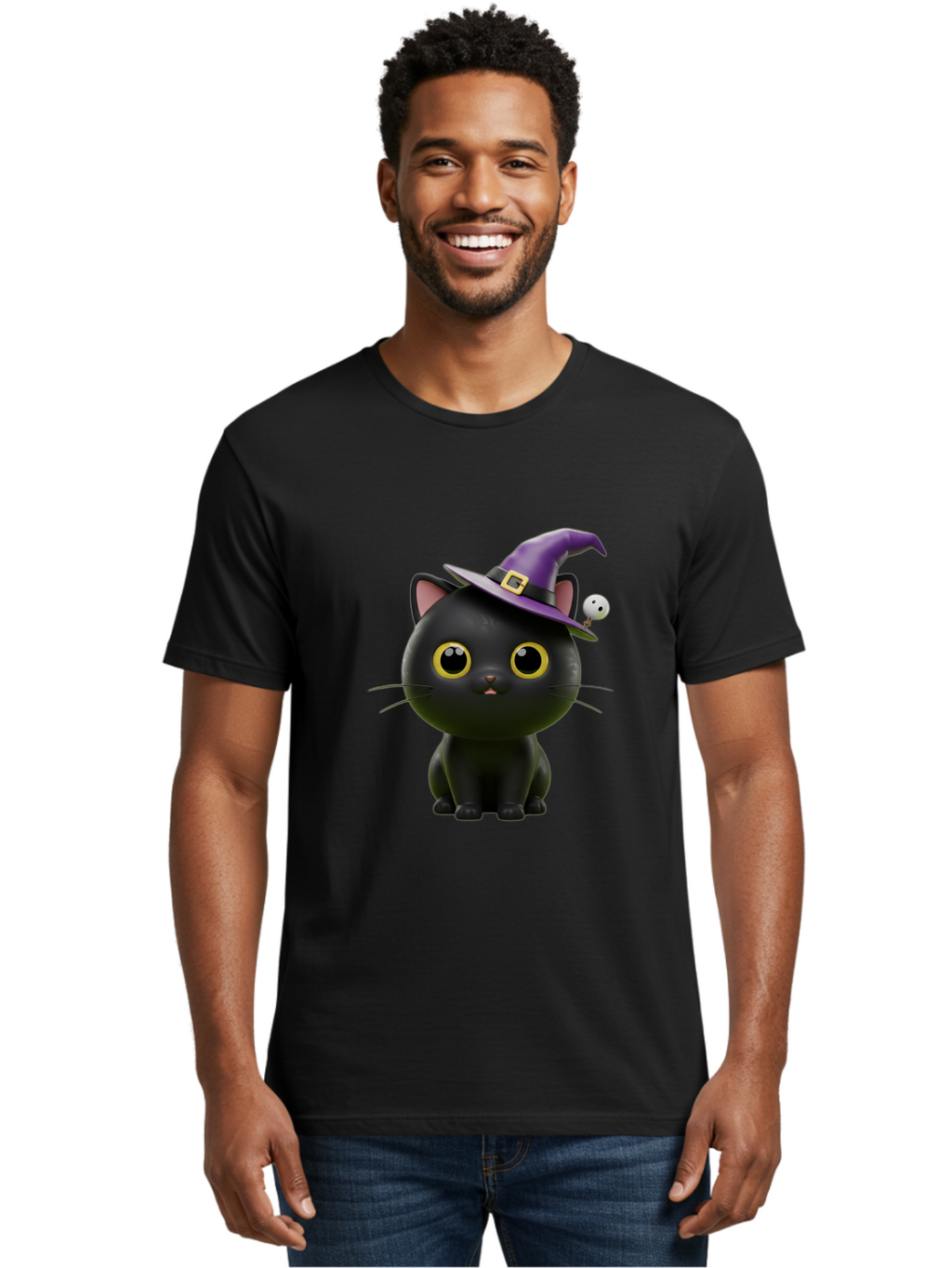 Black-Cat-Witch-1 Men'S Graphic Tee, 100% Cotton, Comfortable Casual Summer Wear, Machine Washable, Black Cat, Purple Witch Hat, Gold Buckle, Spooky Eyes, Cartoon Character, Halloween Theme, Cute Kitty, Witch'S Familiar, Mystical Creature Bac627