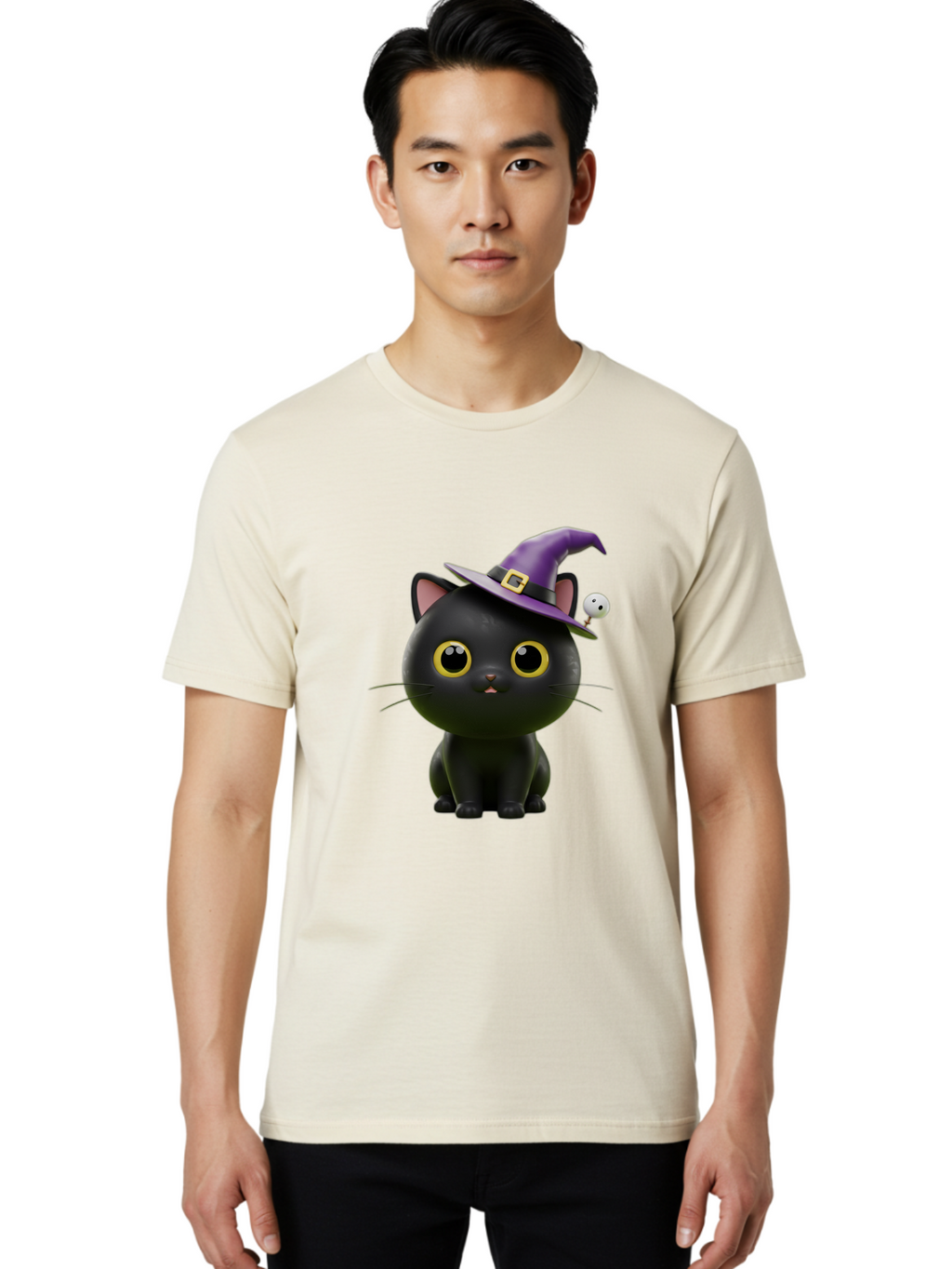 Black-Cat-Witch-1 Men'S Graphic Tee, 100% Cotton, Comfortable Casual Summer Wear, Machine Washable, Black Cat, Purple Witch Hat, Gold Buckle, Spooky Eyes, Cartoon Character, Halloween Theme, Cute Kitty, Witch'S Familiar, Mystical Creature Bac627