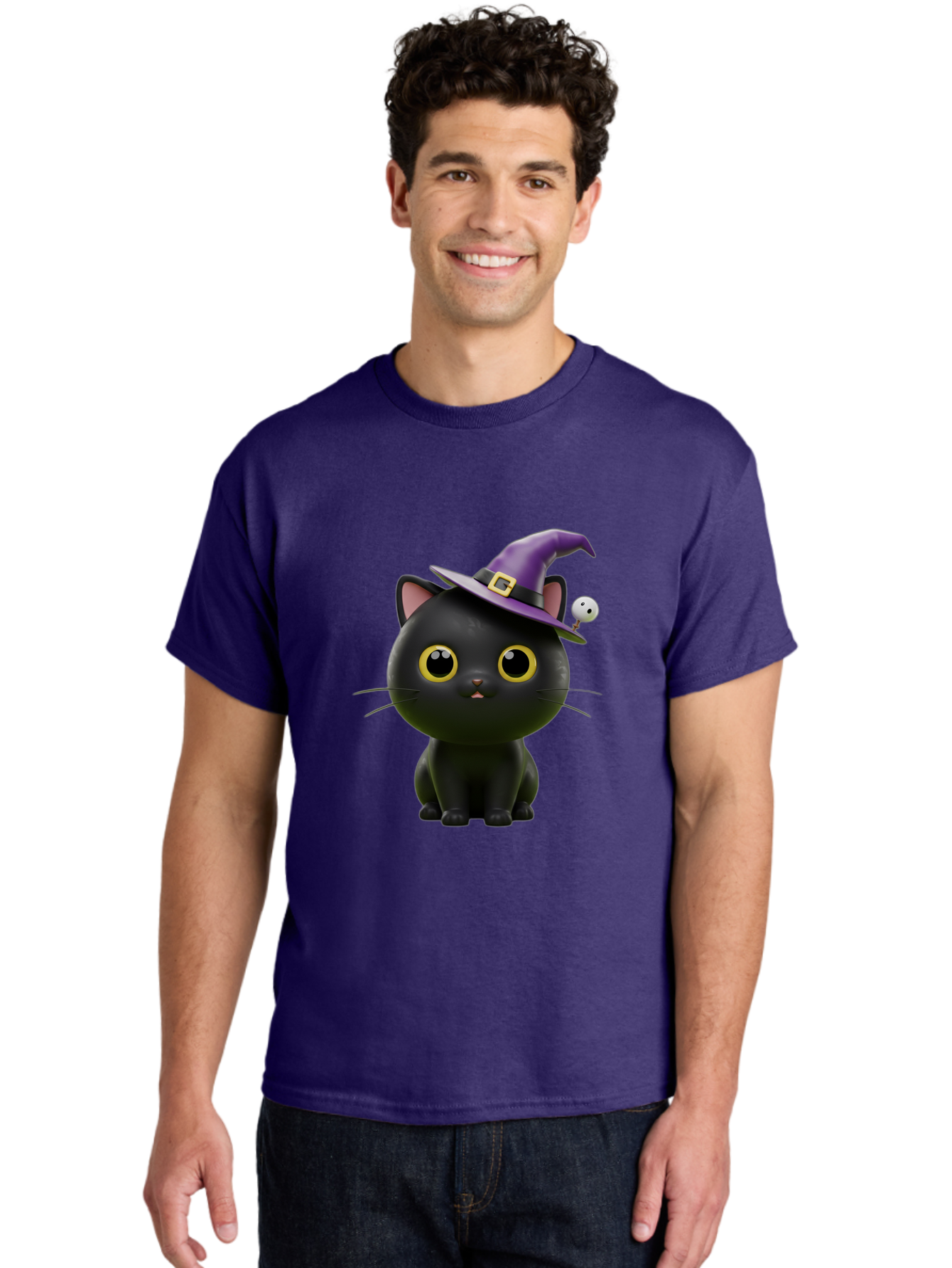 Black-Cat-Witch-1 Men'S Graphic Tee, 100% Cotton, Comfortable Casual Summer Wear, Machine Washable, Black Cat, Purple Witch Hat, Gold Buckle, Spooky Eyes, Cartoon Character, Halloween Theme, Cute Kitty, Witch'S Familiar, Mystical Creature Bac627