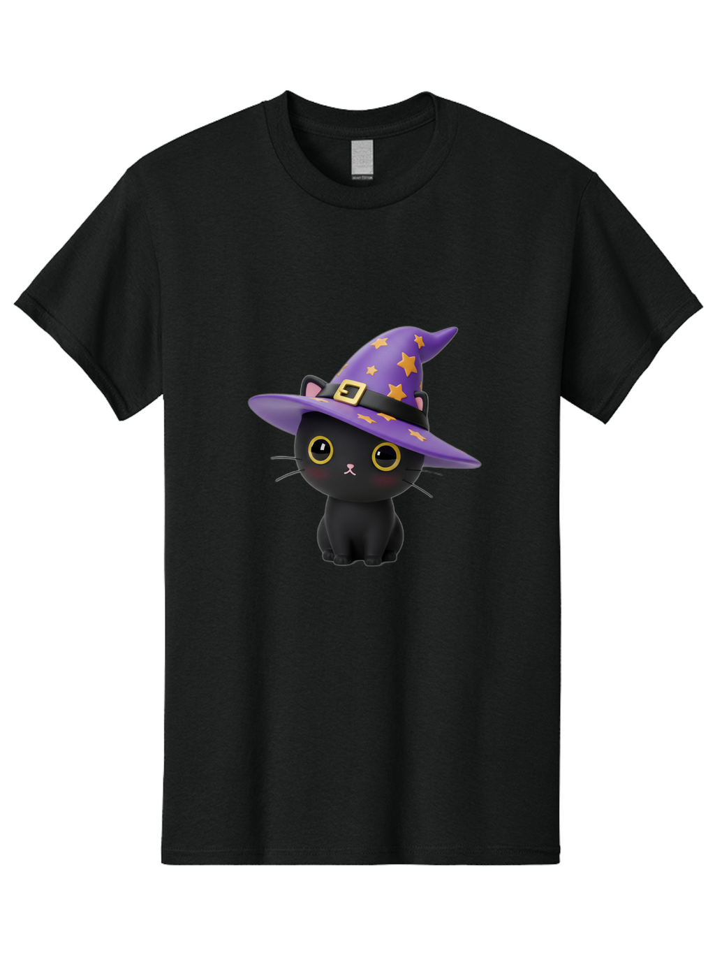 Black-Cat-Witch-Hat Men'S Graphic Tee, 100% Cotton, Comfortable Casual Summer Wear, Machine Washable, Black Cat Wearing Purple Witch Hat, Yellow Stars, Gold Buckle, Cartoon Character, Whimsical Design, Mystical Theme, Halloween Spirit, Bac628