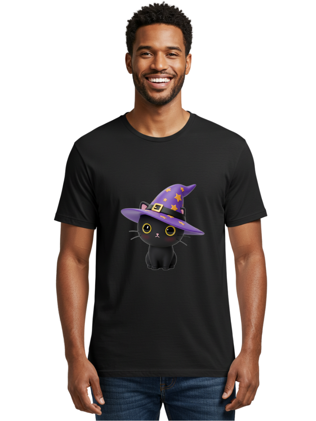 Black-Cat-Witch-Hat Men'S Graphic Tee, 100% Cotton, Comfortable Casual Summer Wear, Machine Washable, Black Cat Wearing Purple Witch Hat, Yellow Stars, Gold Buckle, Cartoon Character, Whimsical Design, Mystical Theme, Halloween Spirit, Bac628